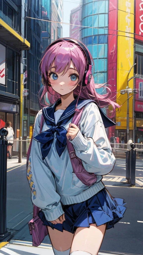 90s City Pop Art、City pop style、sketch style、lofi girl、Beautiful high school girl、8 headodel、Navy blue sailor uniform、White sweater、mini skirt、Knee-high socks、Walking around Harajuku、Headphones 1.2、Listening to music、big eye、whole body、1 person、Cowboy Shot、Listening to music