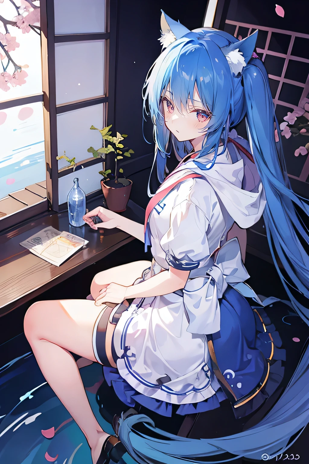 (masterpiece:1.2),Super detailed,lifelike,Expressive eyes,fair skin,perfect face shape,1 girl,
Japanese comics,Gorgeous blue hair,flowing blue hair,flowing clothes,Cat ears,Petals fall,beautiful lola,Baby Angel,
Shaking head with one hand,Cross your legs,Gentle and peaceful background,The pavilion is cool and comfortable,smile, wearing hoodie, background of tokyo,back views.