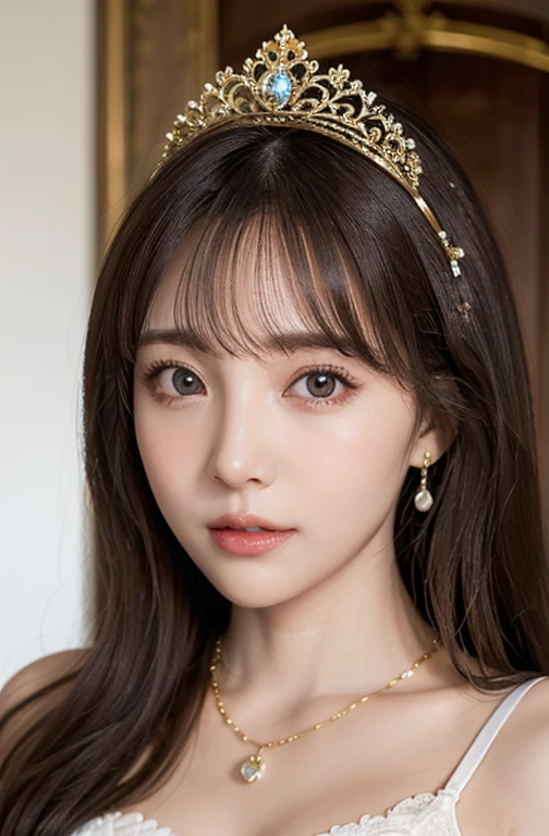 Princess , in castle , detailed hand , high quality, super quality, (detailed face:1.2), beautiful woman , golden eyes, long hair , gorgeous dress, tiara, necklace , earring , sharpe eyebrow , beautiful bangs are covering her eyes , mega breast ,