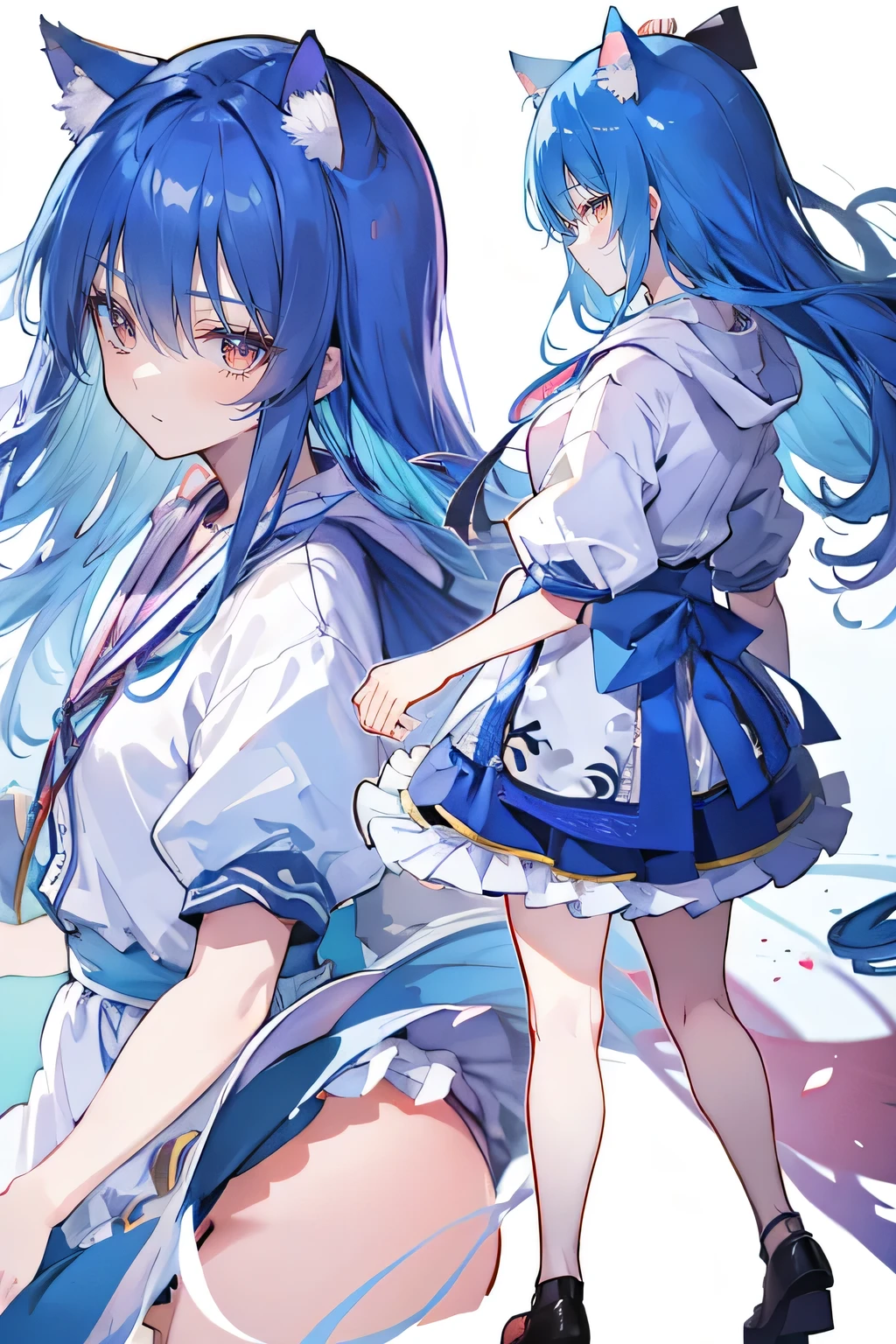 (masterpiece:1.2),Super detailed,lifelike,Expressive eyes,fair skin,perfect face shape,1 girl,
Japanese comics,Gorgeous blue hair,flowing blue hair,flowing clothes,Cat ears,Petals fall,beautiful lola,Baby Angel,
Shaking head with one hand,Cross your legs,Gentle and peaceful background,The pavilion is cool and comfortable,smile, wearing hoodie, background of tokyo,back views.