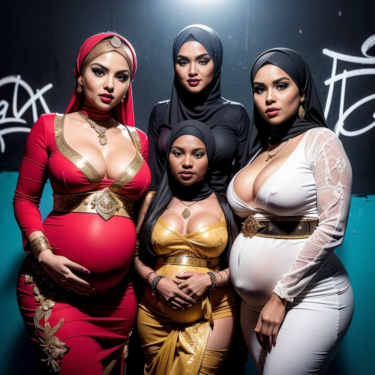 Malaysian girl pregnant 9 month,Largest Baby Bump pregnant, Largest , Big pregnant Belly, Big Pregnant girl, Largest Belly of Pregnant, Beautiful woman, beautiful face, pregnant, long hair, black hair, realistic, ultra-detailed, big breast, malay, The whole body consists of a young girl with hijab, Eye makeup, 21yo, Cat ears, Soft lighting, groups, Wear shabby clothes, Dirty, Tattered futuristic military uniform, Cat's paw badge, Pose, spot color, rendering by octane, Ultra-realistic intricate details, Cinematic, 8K resolution, 70mm, emphasis lightings, (((Huge breast)))(((wearing sexy kebaya))) PERFECT HIJAB & Sexy kebaya dress (((2 girls:1.5, girls standing))) Setting background: Basquiat graffiti wall background,Graffiti artist, urban walls, spray paint cans, bold colors, rebellious strokes, street gallery, artistic , night shadows, public expression, aerosol mastery, layered stencils, cultural messages, graffiti tags, creative risks, vibrant visuals, underground recognition, impactful designs, urban transformation. Art by Mschiffer (((Red lips))) (((only: pubic hair is hairy:1.3))) (((wearing a Sexy belt design by LV))) Full Naked & nude, bride very fit physique (38D breast:1.3) , (((Woman with hijab style, hijab and kebaya dress)), (lace stockings), (((Wearing: diamond necklace and earrings))). RAW photo, full sharp, detailed face (high detailed skin:1.2), 8k uhd, dslr, soft lighting, high quality, film grain, Fujifilm XT3, (extremely beautiful face, sexy lips, beautiful red lips, Clear eyes, beautiful eyes), (big green eyes), pretty girl, face forward, intricate detail face, ((ultra detailed skin)) (skin texture, film grain), Detailed beautiful face, natural tpose, natural facial expression, (((large breasts))),