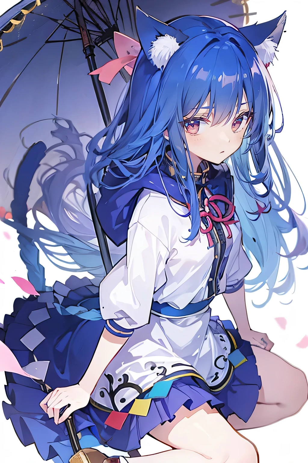 (masterpiece:1.2),Super detailed,lifelike,Expressive eyes,fair skin,perfect face shape,1 girl,
Japanese comics,Gorgeous blue hair,flowing blue hair,flowing clothes,Cat ears,Petals fall,beautiful lola,Baby Angel,
Shaking head with one hand,Cross your legs,Gentle and peaceful background,The pavilion is cool and comfortable,smile, wearing hoodie, background of tokyo,back views.