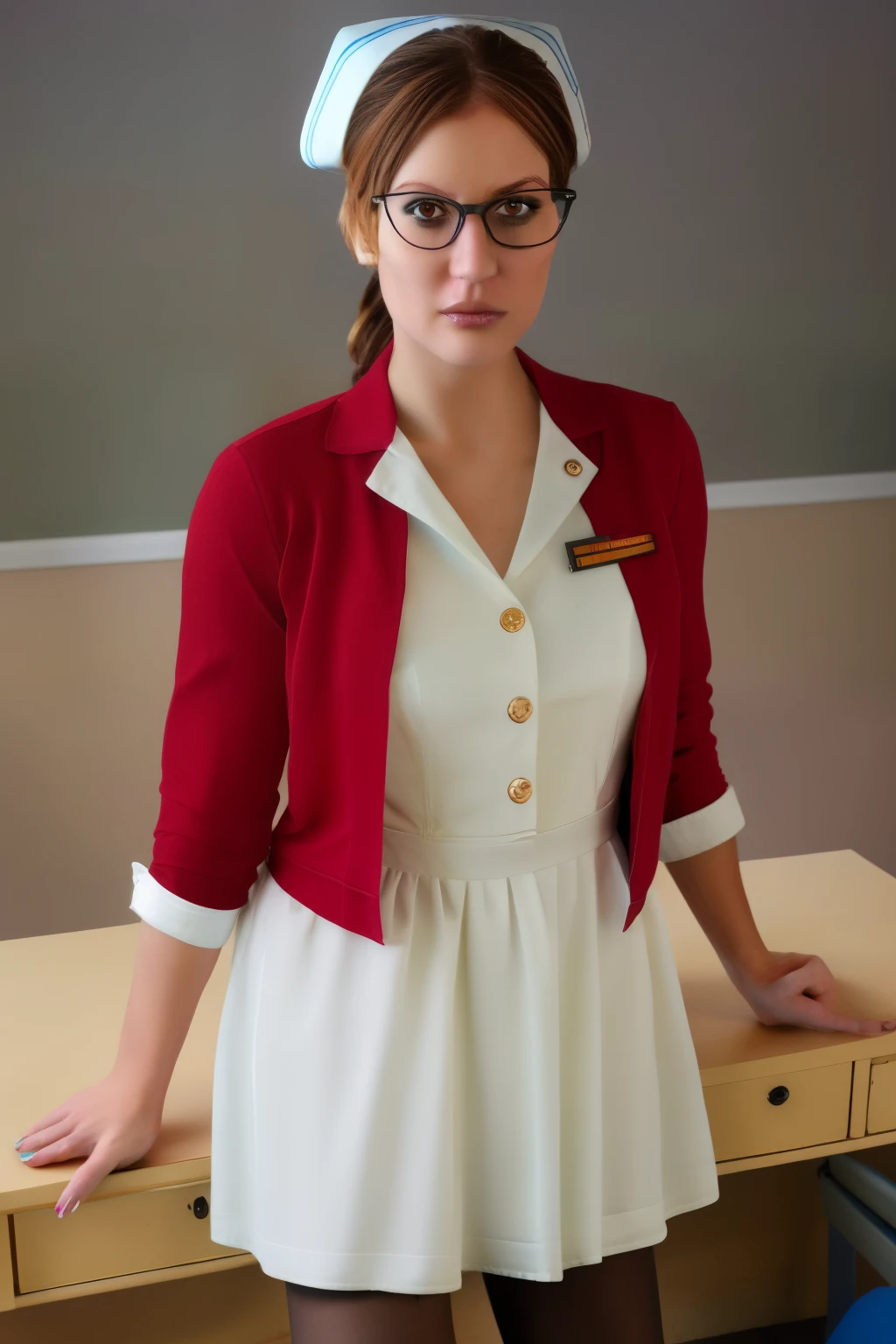 Tatiana,brown hair, brown eyes, low tied ponytail,  from above, 
glasses, nurse cap , white  dress shirt, red jacket, pantyhose,
upper body,  solo, sitting on the table,
abandoned hospital,   desk,  dark, 
(insanely detailed, beautiful detailed face, masterpiece, best quality)
