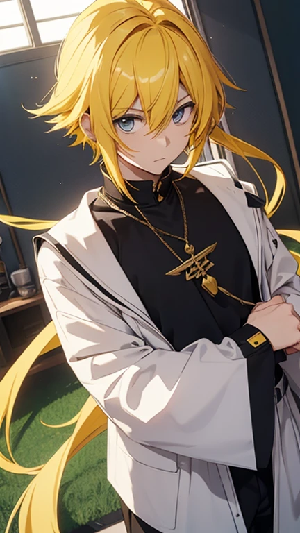 Anime male , yellow grew hair ,