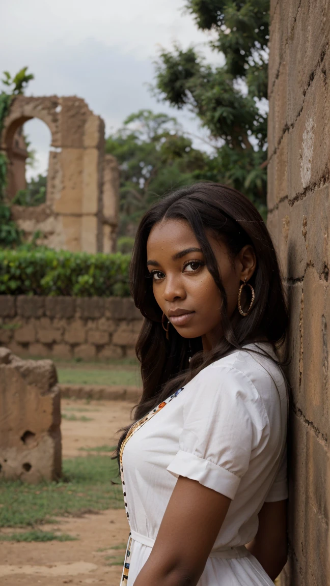 Mulher africana curva, jovem, lindo, sem panos ,olhos grandes, long eyelashes, long flowing dark brown hair, usando vestido, brincos de perola, colar de perolas, seios grandes, parado em um jardim, ruins in background, Fotorrealista, high resolution, Vista frontal