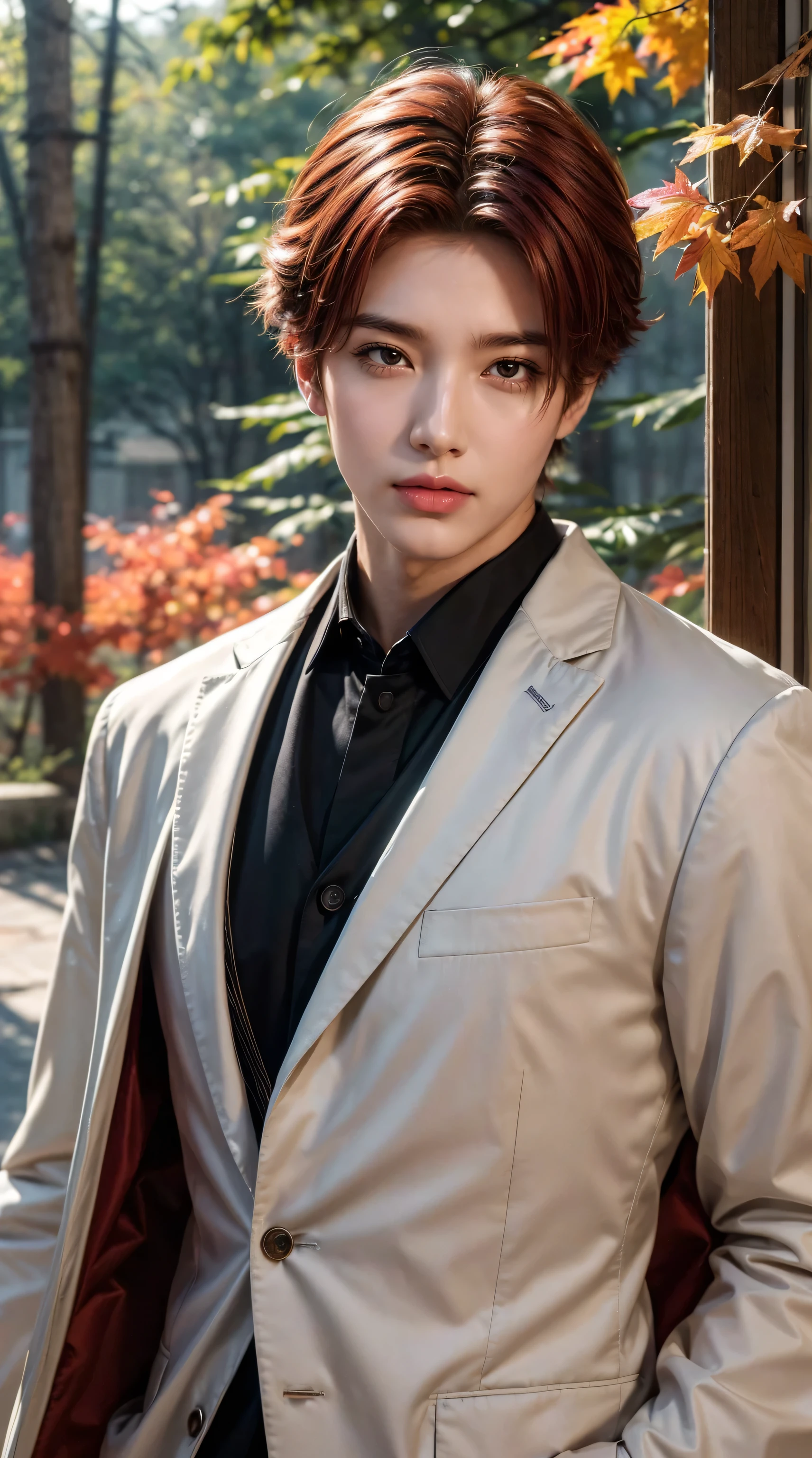 ((masterpiece, best quality)), Super detailed, official art, Unity 8K wallpaper, official clothing, Young handsome man, Solitary, Perfect face, Glowing skin, sparkling pupils, Red hairpin, daytime, The background is red maple forest, Maple Leaf, riverside, Kibashi, Aesthetic, (superior_Body)