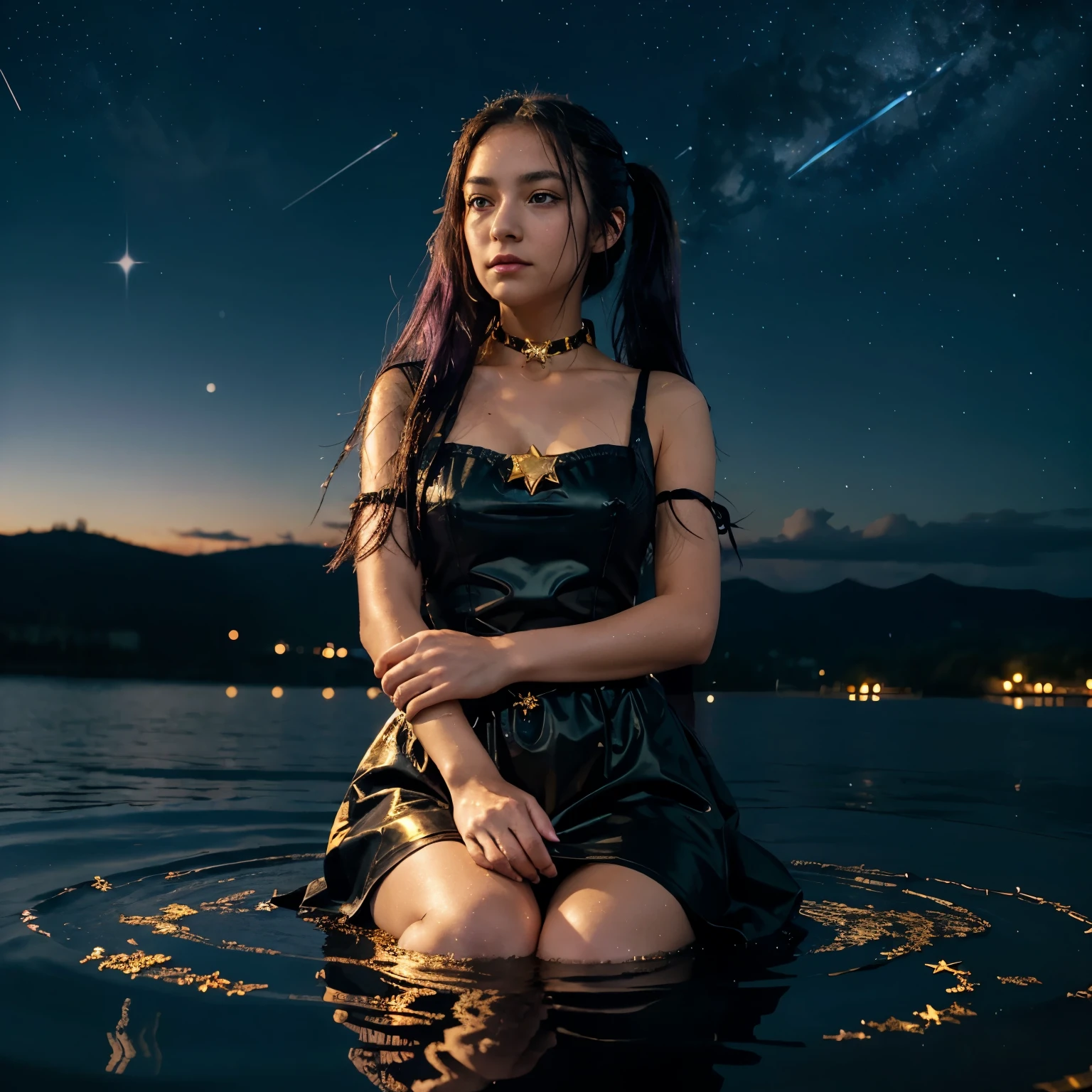 girl, located in the corner, looking at the sky, alone, Mona. (Genshin Impact), choker, hair between the eyes, star (mark), long hair, dark purple hair, Twintail, blue eyes, shining eyes, decorations, witch, maid, smooth, black purple dress, purple skirt, white apron, terrain, nighttime sky, star (sky), starry sky, nighttime, outdoor, cloud, reflection, water, magic, Tarot cards, water magic, ((beautiful golden crystal star)),  space, water droplets, splash