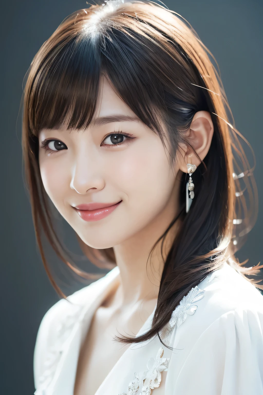 1 girl, (Wearing a white stage costume:1.2), Very beautiful Japanese idol portraits,
(RAW Photos, highest quality), (Realistic, Realistic:1.4), (masterpiece),
Very delicate and beautiful, Very detailed, 2k wallpaper, wonderful, finely, Very detailed CG Unity 8K wallpaper, Very detailed, High resolution, Soft Light,
Beautiful detailed girl, Very detailed目と顔, Beautiful and sophisticated nose, Finely beautiful eyes, Cinema Lighting,
(Simple light color background:1.3),
(Medium Hair), (bangs),
Complete Anatomy, Slender body, Small breasts, smile