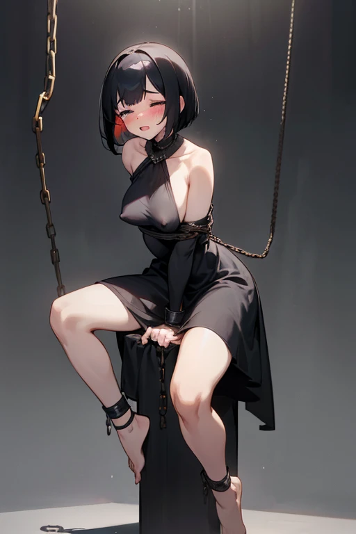 Mature Woman、Black Hair、Short Bob、short hair、Large size breasts、Visible nipples、Wearing a black dress、Gothic Dress、barefoot、Spread your legs、Standing on tiptoes、Leaning forward、Open your mouth、Blushed face、Embarrassing、Closed eyes、Shortness of breath、Suppressed、Handcuffs、Shackles、Bound in chains、Hands above head