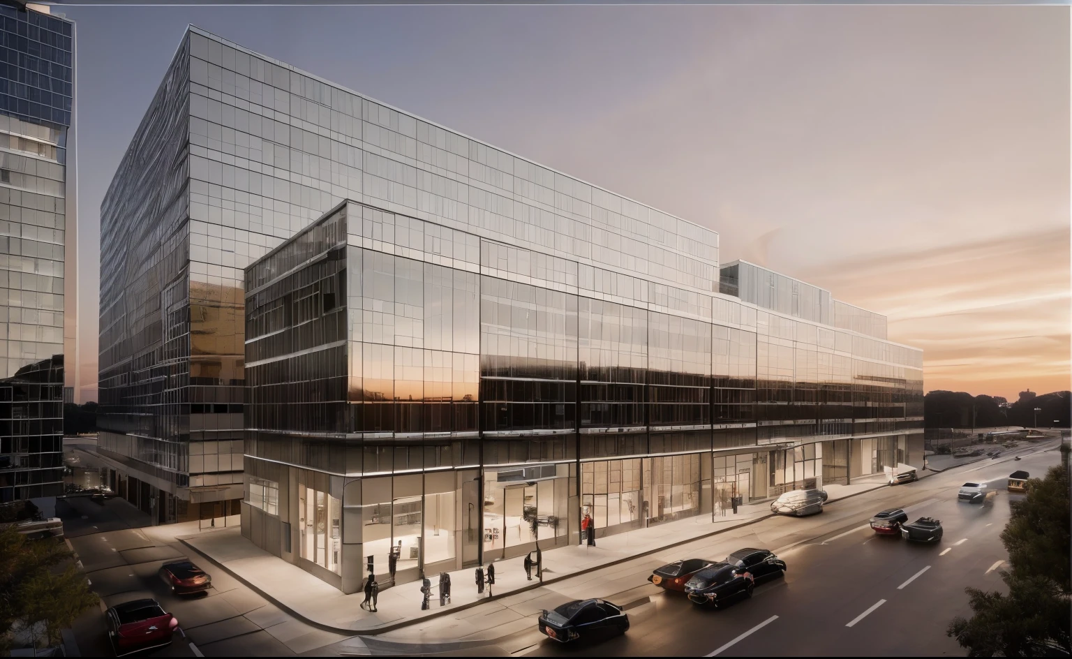 RAW photo, Masterpiece, high quality, best quality, authentic, super detailed,(( commercial center, modern cubic architecture, facade using glass and steel structure, sunset light, archdaily architecture, (high detail: 1.2), 8k uhd, dslr, soft light, high quality, film grain, Fujifilm XT3