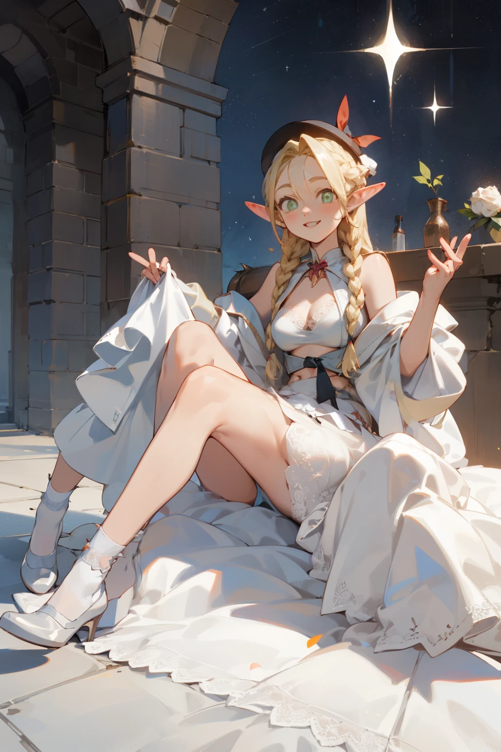 A bikini、Blonde girl wearing hat and silver accessories ,elegant, Pointed ears ,Lace Wedding Dress,Waist-length hair,Smile,Star decoration,White lace socks,thorns,Rose,Vest line