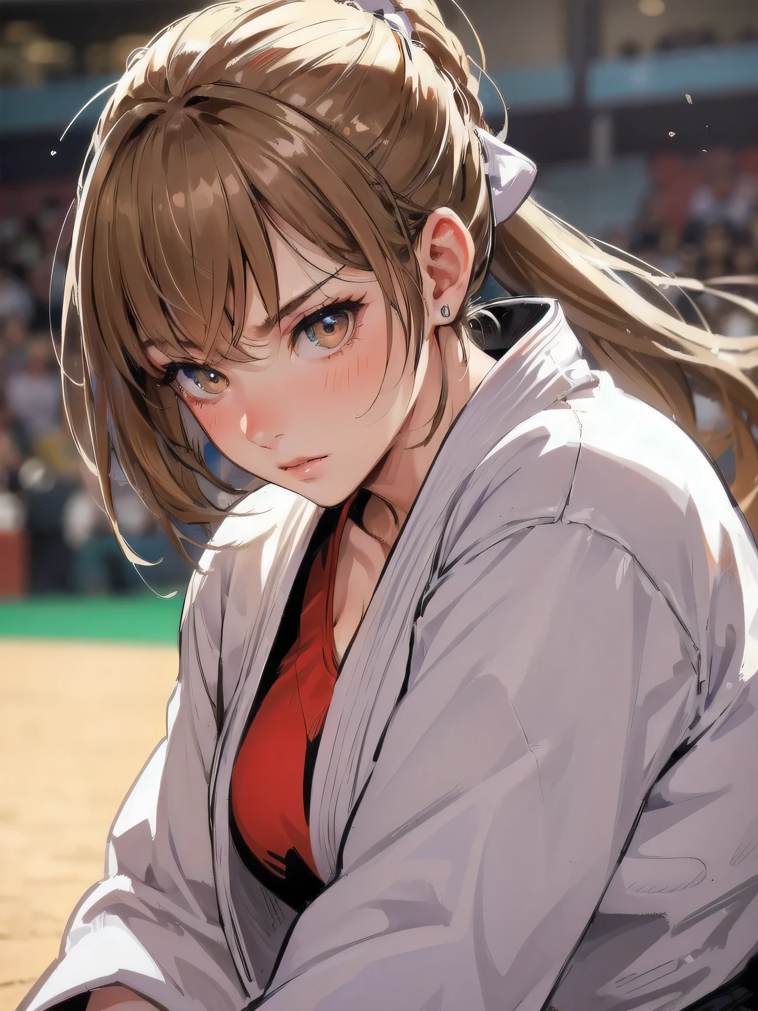 high quality,HD,16k,sharp lines,1 girl,Female judo athlete ,cute face, large breasts, nice legs,At the judo venue,focus girl,detailed beautiful face,detailed clothes,beautiful eyes,cool,dynamic angle