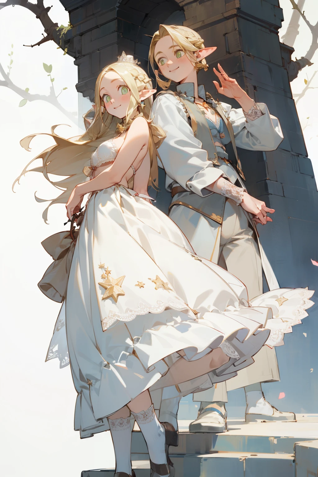A bikini、Blonde girl wearing hat and silver accessories ,elegant, Pointed ears ,Lace Wedding Dress,Waist-length hair,Smile,Star decoration,White lace socks,thorns,Rose,Vest line