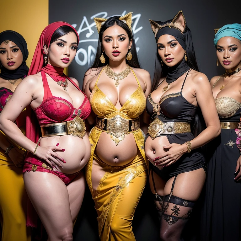 Malaysian girl pregnant 9 month,Largest Baby Bump pregnant, Largest , Big pregnant Belly, Big Pregnant girl, Largest Belly of Pregnant, Beautiful woman, beautiful face, pregnant, long hair, black hair, realistic, ultra-detailed, big breast, malay, The whole body consists of a young girl with hijab, Eye makeup, 21yo, Cat ears, Soft lighting, groups, Wear shabby clothes, Dirty, Tattered futuristic military uniform, Cat's paw badge, Pose, spot color, rendering by octane, Ultra-realistic intricate details, Cinematic, 8K resolution, 70mm, emphasis lightings, (((Huge breast)))(((wearing sexy kebaya))) PERFECT HIJAB & Sexy kebaya dress (((2 girls:1.5, girls standing))) Setting background: Basquiat graffiti wall background,Graffiti artist, urban walls, spray paint cans, bold colors, rebellious strokes, street gallery, artistic , night shadows, public expression, aerosol mastery, layered stencils, cultural messages, graffiti tags, creative risks, vibrant visuals, underground recognition, impactful designs, urban transformation. Art by Mschiffer (((Red lips))) (((only: pubic hair is hairy:1.3))) (((wearing a Sexy belt design by LV))) Full Naked & nude, bride very fit physique (38D breast:1.3) , (((Woman with hijab style, hijab and kebaya dress)), (lace stockings), (((Wearing: diamond necklace and earrings))). RAW photo, full sharp, detailed face (high detailed skin:1.2), 8k uhd, dslr, soft lighting, high quality, film grain, Fujifilm XT3, (extremely beautiful face, sexy lips, beautiful red lips, Clear eyes, beautiful eyes), (big green eyes), pretty girl, face forward, intricate detail face, ((ultra detailed skin)) (skin texture, film grain), Detailed beautiful face, natural tpose, natural facial expression, (((large breasts))),