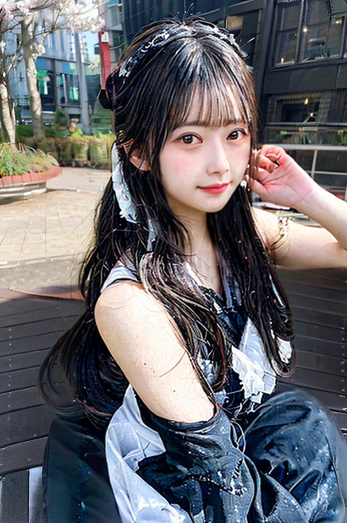 Armpit Hair、Show both sides、High heels(Black)、pantyhose(Black)、garter belt(Black)、Big Breasts、Long Hair(Black、straight)、Squat、Leg spread、Married Woman、first round、Voluptuous、Puddle、Outdoor、garden、Cherry Blossom Viewing、cherry blossoms