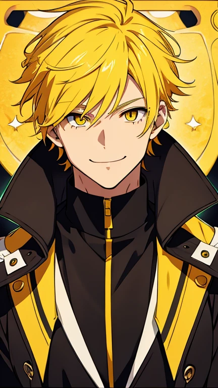 Anime male ,  yellow  hair ,  yellow eye, smile, happy, 