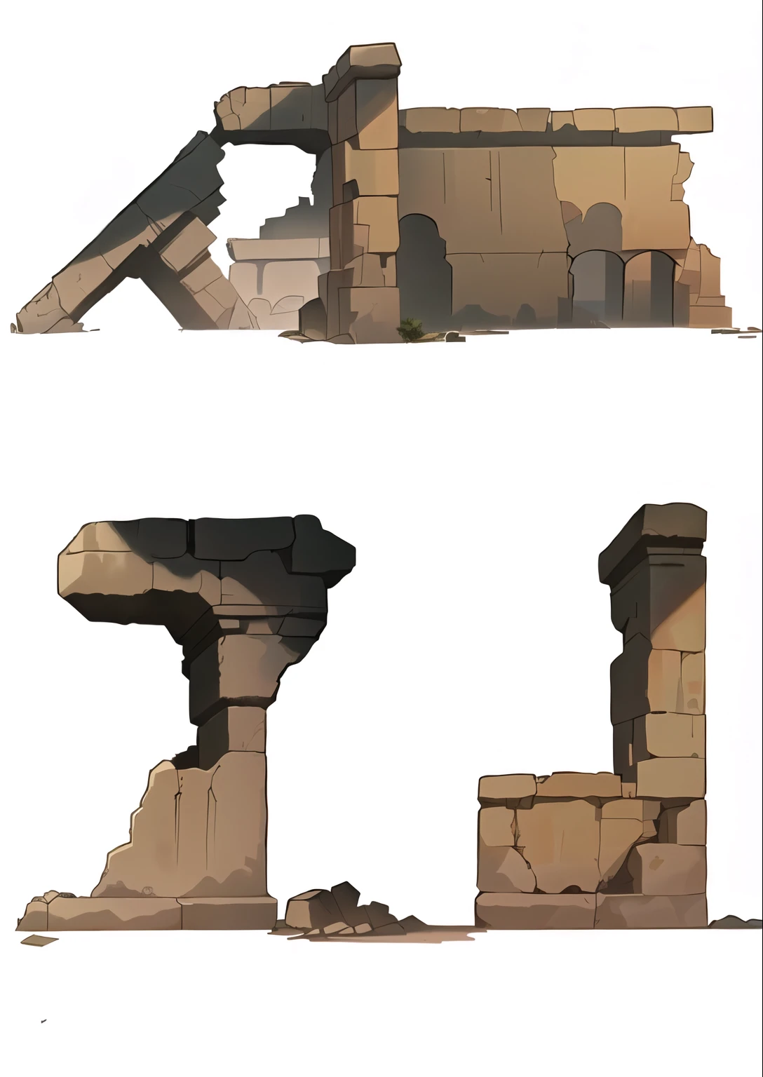 um close de uma parede quebrada com um buraco nela, ancient ruins background, Arte conceitual 2D, ruins, arte conceitual de arestas duras, estruturas danificadas, crumbling ruins, estruturas de tumbas gigantes, ruins landscape, design de ambiente de jogo 2 d, background is the ruins, ancient ruins, painted as a arte conceitual do jogo, arte conceitual do jogo, elementos low-poly!!!