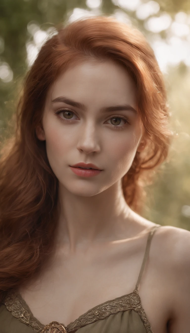 hyperrealistic photograph of a beautiful woman, 20 years old, athletic body, very light red hair, brown eyes, small earring in right ear, very long eyelashes, sensual lips, provocative expression as hunter with a quiver of arrows on her back and with her a round trot at the edge of the forest, Perfect composition, beutiful, Detailed, an intricate, insanely detailed, octane render trending on ArtStation, 8 K Fine Art Photography, photorealistic concept art, soft natural volumetric cinematic perfect light, chiaroscuro, a  photo of a, Award-winning, Masterpiece