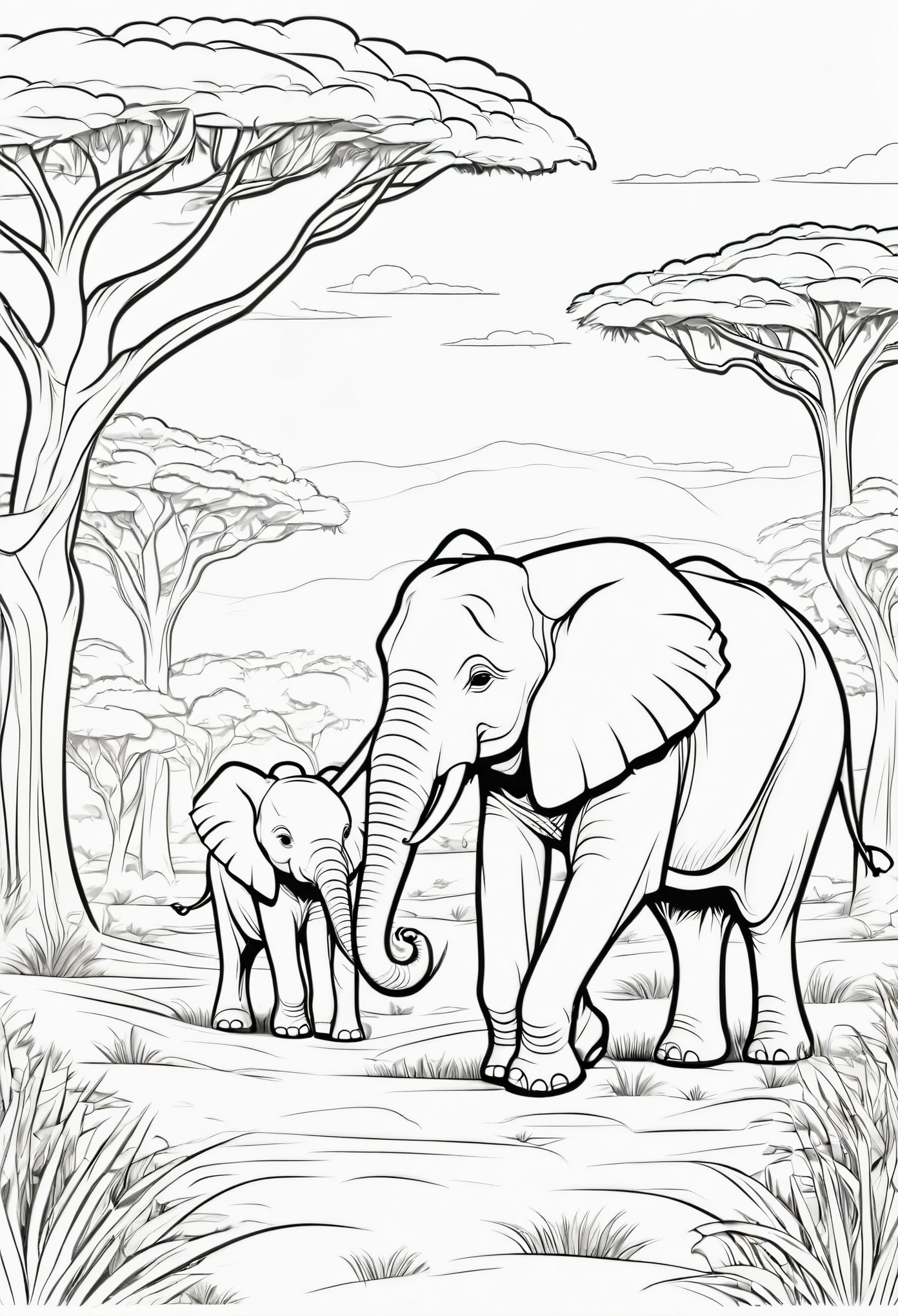 coloring page for , babyphant with mother roaming the plains of african with lots of bushes and big trees, cartoon style, thick lines