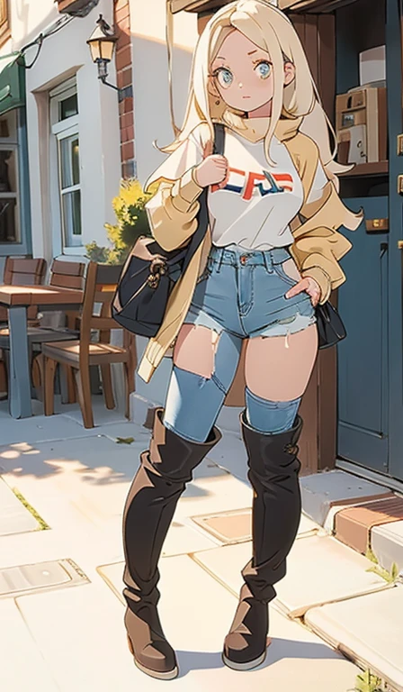 Over the knee high boots, jeans, Standing girl, Casual clothing, Pale skin