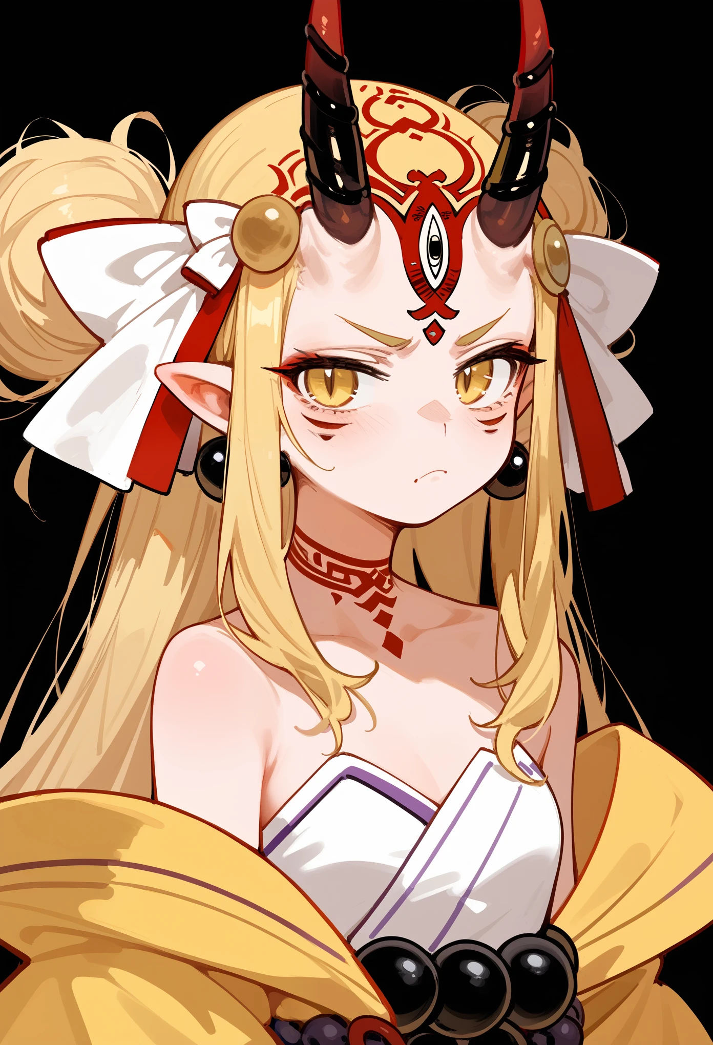 masterpiece, best quality, (score_9, score_8_up, score_7_up), 1girl, solo, close-up, long hair, blonde hair, sidelocks, yellow eyes, pointy ears, facial mark, tattoo, forehead mark, oni, horns, neutral, serious, looking at viewer, japanese clothes, yellow kimono, headdress, earrings, jewelry, beads, off-shoulder, wide sleeves, upper body, black background, 