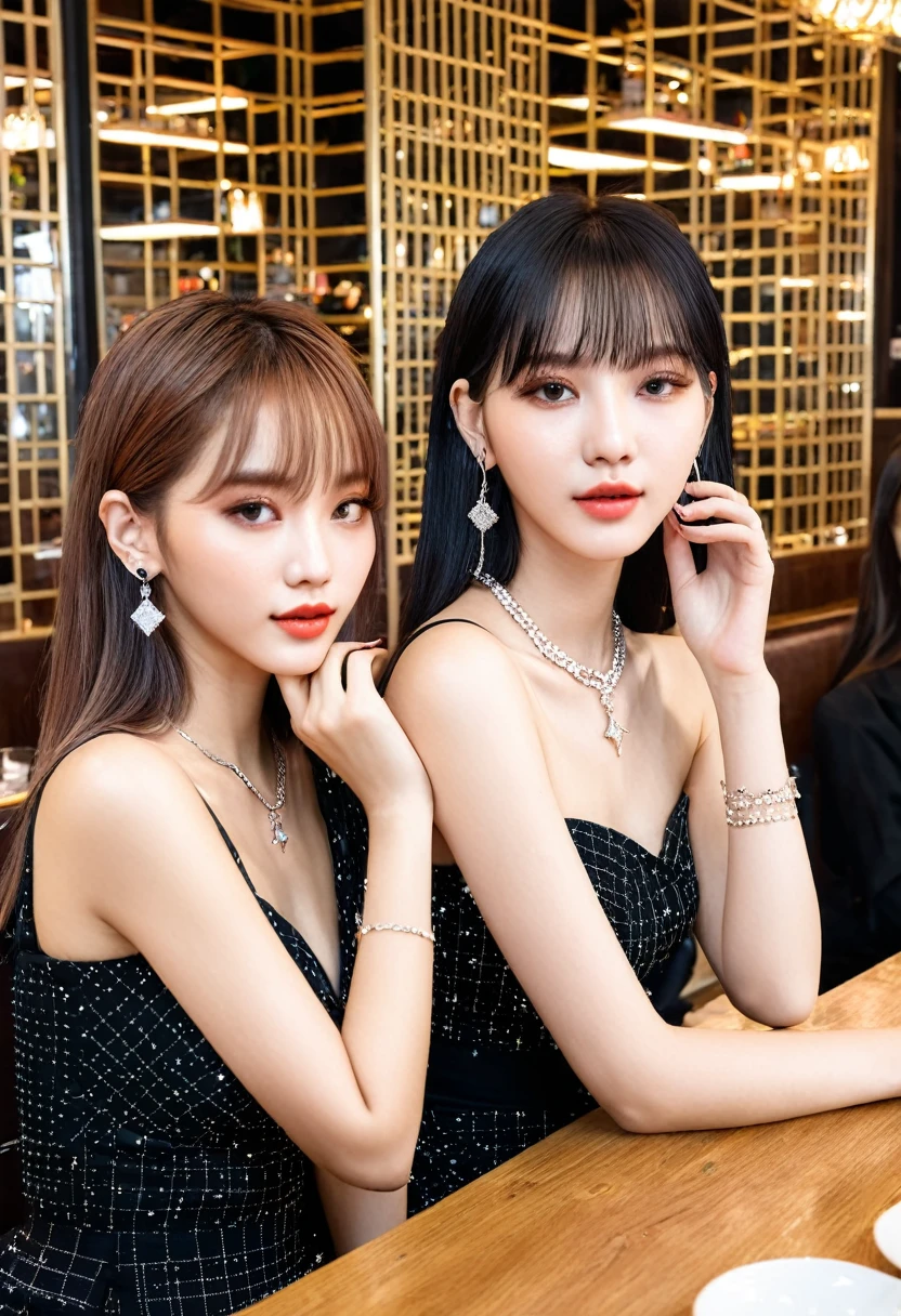 2 Thai girls, Cute like a jewelry star, diamond necklace, Hoop earrings, people taking photos in a restaurant, Niksu A Sakimi-chan, in black, Lalisa Manoban, Ulzzang, # OC, #OC, Profile picture, Jinyoung Canela, Let go of Mi-chan., two times, Bae Suzy, Ruean Jia and Atgerm, two women, Both have red lips., Jae Yeon Nam, Close-up view