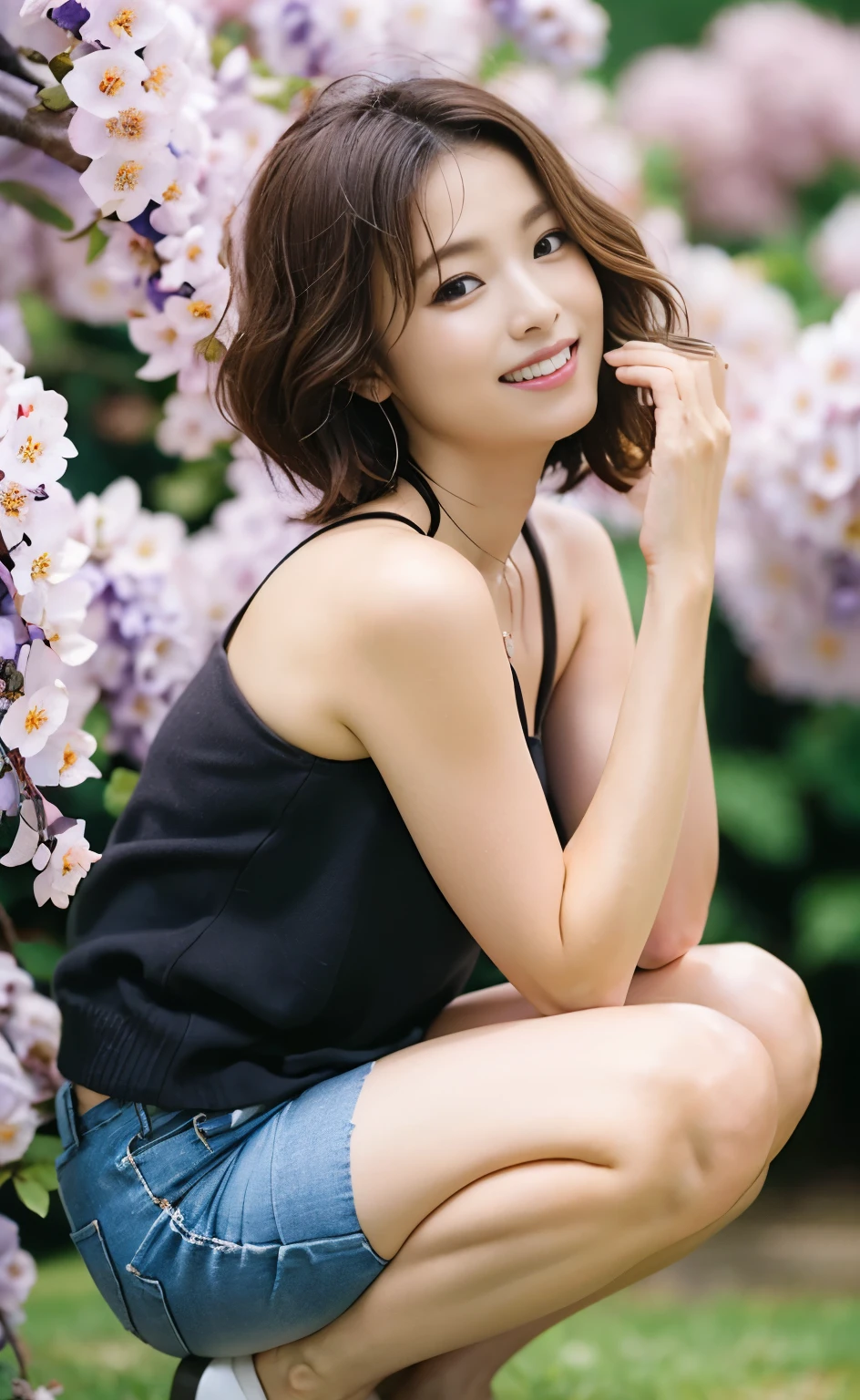 ((perfectionな解剖学で手足を丁寧に描写)) ,Masterpiece,Ulzan 6500,(Photorealistic, capturing the essence of movement),(((Her short hair is set in an outward curl.))),A woman wearing a necklace and earrings,He has a slim, muscular body that looks like a coke bottle, and long, slender legs.,((Beautifully blooming wisteria flowers line a straight trellis for about 100 meters.,A beautiful woman squatting and looking up at the wisteria, smiling with satisfaction)),Wearing a T-shirt, white slim jeans and stiletto heels,4k photo from the front,masterpiece,最high quality,perfectionな顔, perfection,((One beautiful tourist with brown eyes and hair)),Highly detailed face, Fine grain, A smile with the corners of the mouth raised, summer, Daytime,Full body portrait including feet,((Photos that capture the essence of the action:1.4)),(Skin with attention to detail:1.2),4K Ultra HD Digital SLR,high quality,Film Grain,Fujifilm XT3,A scene from a classic movie,(Saiharu Body),(Delicate eyes and face),Professional angle,Excellent detail,Beauty condensed in 1girl,Beautiful chestnut-colored bouncy hair,繊細でHigh noseを持つ美しい顔,Long limbs like a model,Tight waist,High nose, Clear chestnut eyes, Glossy lips, 