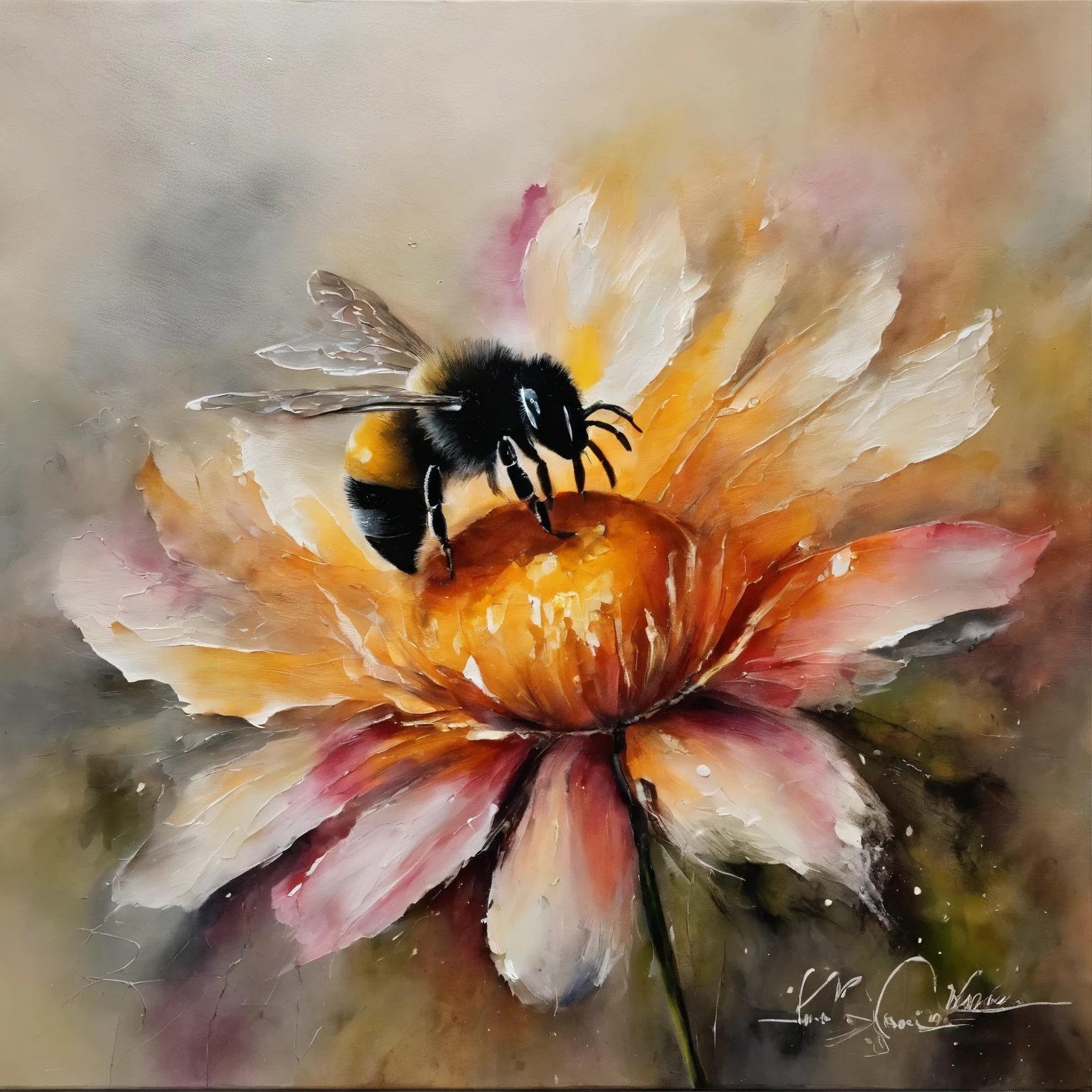 You are viewing a vibrant, textured painting depicting a bee perched on a "cosmos bipinnatus" flower. The technique used is watercolor paint. The colors are vivid and rich., there is a prevalence of warm tones in the flower, with petals ranging from soft pink to shades of magenta and accents of cream and yellow ocher. Estos contrastan hermosamente con la abeja, which is painted with a mix of deep blacks, anaranjados, amarillos y blancos, capturing the light and shadow of its shape and characteristic furry texture.
Las pinceladas son audaces y expresivas, adding a sense of movement and vitality to the work. Applying the paint to areas such as the bee's wings suggests transparency and delicacy., while in other areas such as the body, the brush strokes are heavy and tactile, which gives a sensation of solidity and volume.
En conjunto, The technique and use of color in the painting work together to give an impression of humming and activity that one associates with the bee.. Despite the static nature of the artwork, There is a dynamic energy captured in the textures and in the way the bee appears to be momentarily at rest on the flower., tal vez recolectando polen.
The composition itself focuses the viewer's attention firmly on the bee's interaction with the flower, using the arrangement of colors and brushstrokes to guide the eye across the entire surface of the work. Hay un juego interesante entre el detalle y el abstracto; mientras que la abeja y la flor son reconocibles, The way the paint is applied gives way to an interpretation where the shape merges with the color, light and shadow in a way that invites the viewer to a deeper observation.
The background of the painting is less defined, with darker colors and less tonal variation