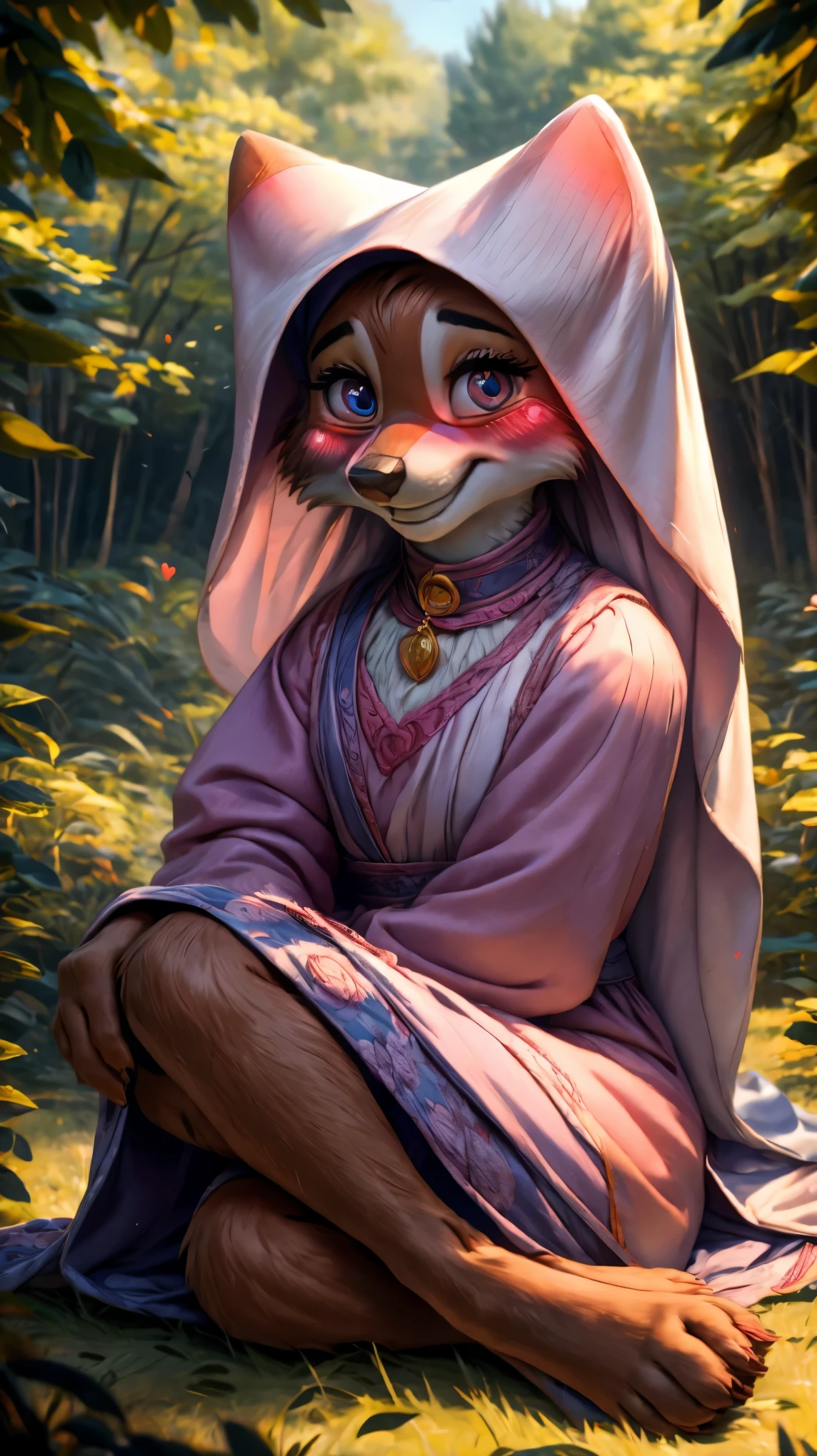 ((((feet visible:1.5)))),(((smile))),(heart shaped pupils:1.5),(((Very detailed eyes:1.5))),Ultra HD,Ultra HD,(((blush:1.8))),maidmarian,((Beautiful Forest)),furry body,(((cute)))