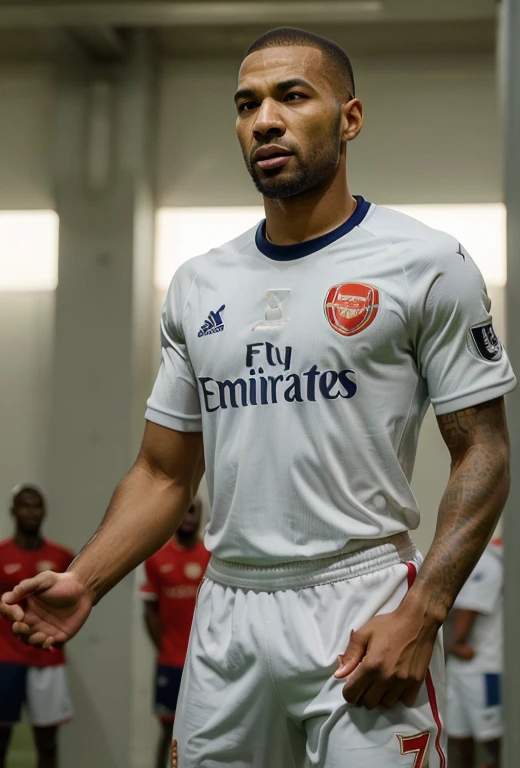 (obra de arte, melhor qualidade, high resolution), (illustration:1.0),(perfect hands,anatomia perfeita), perfect lighting, uniforme de futebol arsenal, Thierry Henry perseguindo a bola, Emotive expression, dynamic pose, Ample free space, terceira regras da fotografia