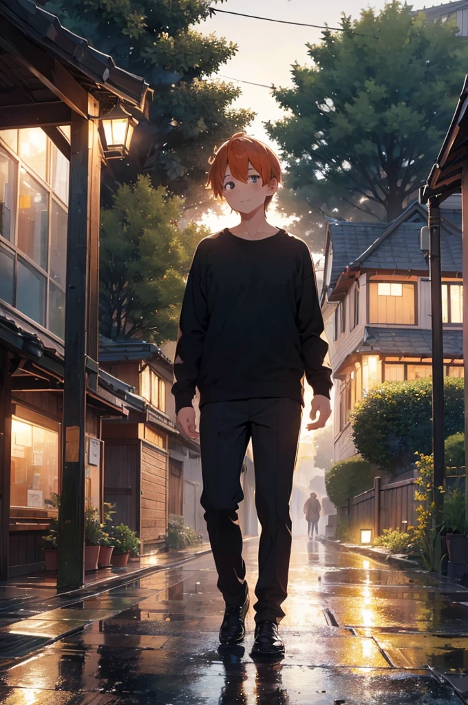 (best quality,4k,8k,highres,masterpiece:1.2), ultra-detailed, (realistic,photorealistic,photo-realistic:1.37), orange-haired boy, green eyes, forest, waiting for the bus, rain, greenery, nature, freckles, modern clothing, evening, dark, moonlit, night, a tranquil moment, wet streets, misty atmosphere, gleaming droplets, vibrant autumn colors, serene expression, reflecting city lights, a hint of mystery, cozy bus stop, damp leaves, quiet anticipation, dampened sound, calm ambiance, crisp air, slight breeze, ethereal glow, twinkling stars, moon shadow, damp earth, subtle rustling, secluded corner, solitary figure, mist-kissed hair, fresh scent of rain, enchanting stillness, remote bus route.