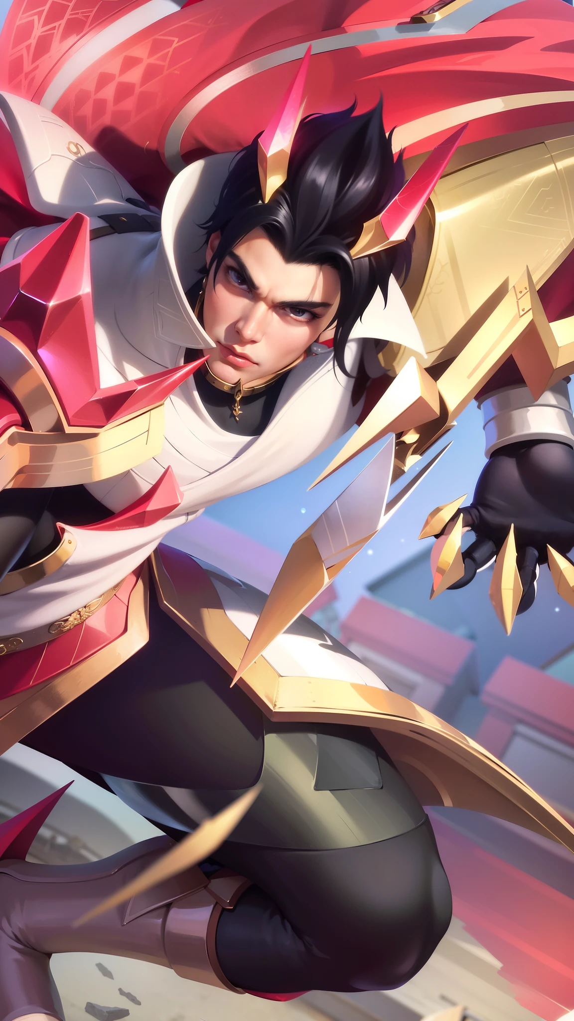 a close up of a guy with a sword and a red cape, son of sparda, handsome guy in demon slayer art, Best quality, masterpiece, detailed skin texture, detailed clothes texture, detailed face, super detail, 8k, intricate detail, The color doesn't change, Muscle guy, 1 guy.