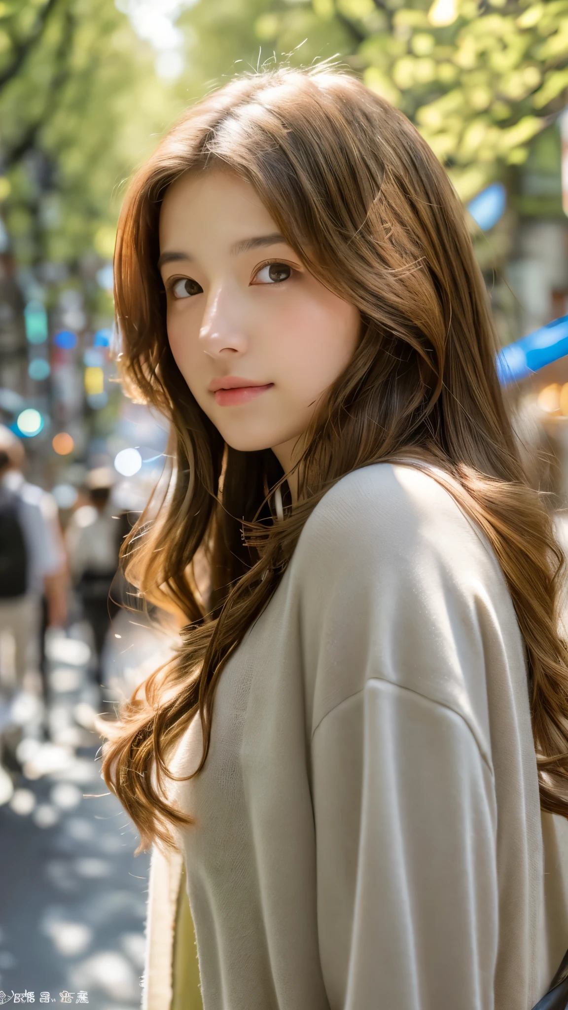 (8k, highest quality, masterpiece: 1.4), Super detailed, highest quality, Ultra-high resolution, Depth of written boundary,(Photorealistic:1.4,RAW shooting,)Ultra-Realistic Capture,(Very detailed,High definition 16K), cute, girl, Brown Hair, (In town:1.4), (Sunlight filtering through the trees:1.4), (Tokyo Street:1.4), Japanese, 16-year-old girl, Mr.々A pose, Wavy Hair, (face,front), indoor, Sunlight streaming through the window