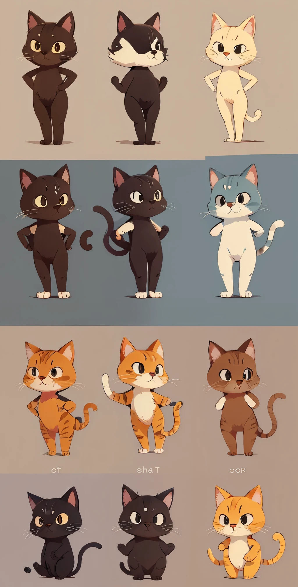 A cartoon character sheet of a cat ,front pose, side pose, three quarter pose,full body turnaround
