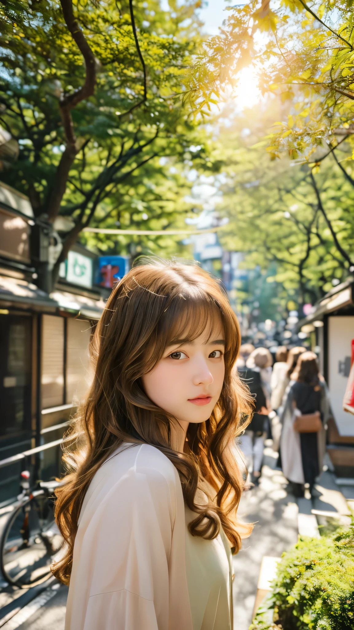 (8k, highest quality, masterpiece: 1.4), Super detailed, highest quality, Ultra-high resolution, Depth of written boundary,(Photorealistic:1.4,RAW shooting,)Ultra-Realistic Capture,(Very detailed,High definition 16K), cute, girl, Brown Hair, (In town:1.4), (Sunlight filtering through the trees:1.4), (Tokyo Street:1.4), Japanese, 16-year-old girl, Mr.々A pose, Wavy Hair, (face,front), indoor, Sunlight streaming through the window