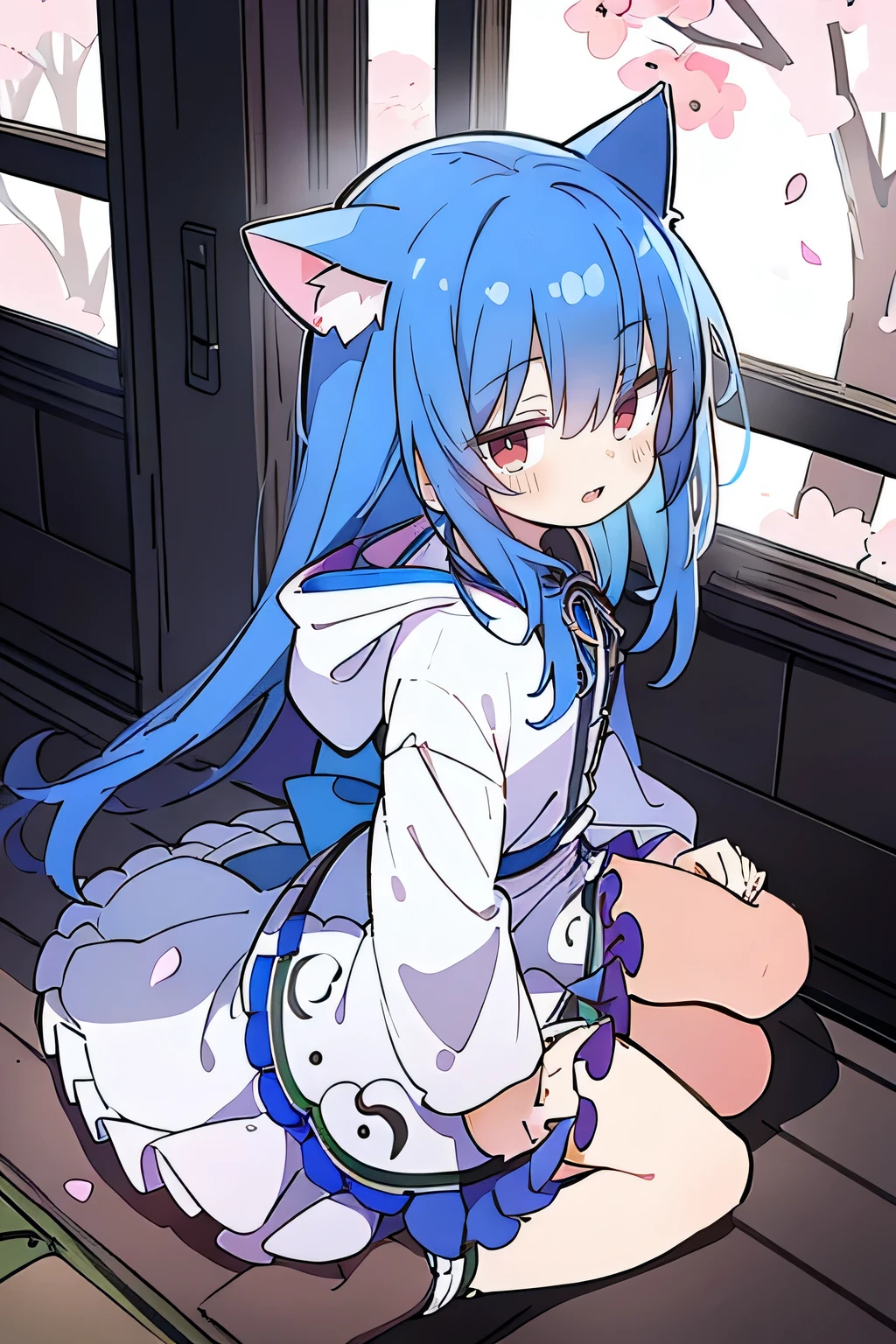 （masterpiece：1.2），Super detailed，lifelike，Expressive eyes，fair skin，perfect face shape，1 girl，
Japanese comics,Gorgeous blue hair,flowing blue hair,flowing clothes,Cat ears,Petals fall,beautiful lola,Baby Angel,
Shaking head with one hand，Cross your legs，Gentle and peaceful background，The pavilion is cool and comfortable,smile, wearing hoodie, background of tokyo,back views.
