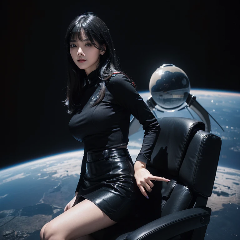 (tmasterpiece、ultra fine photos、top-quality、超A high resolution、Photorealsitic、sharp focus、(beautiful woman, makeup, black eyeshadow, black eyeliner, long eyelashes, skinny, black long hair, bangs, firm breast, detailed face, facing the camera, smile, photo taken from a distance, age of 25 years old)、Scifi space uniform, tight uniform, black and red shirt uniform, short pencil skirt、black skirt, in a spaceship, lonely, floating in space, side view, beautiful planet in the background, pilot, space bridge, pilot chair, night time, dark, dark background, dark with computer light illumination