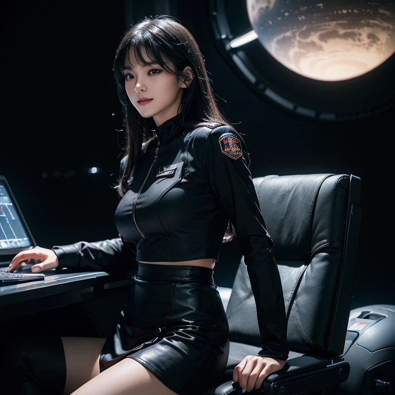 (tmasterpiece、ultra fine photos、top-quality、超A high resolution、Photorealsitic、sharp focus、(beautiful woman, makeup, black eyeshadow, black eyeliner, long eyelashes, skinny, black long hair, bangs, firm breast, detailed face, facing the camera, smile, photo taken from a distance, age of 25 years old)、Scifi space uniform, tight uniform, black and red shirt uniform, short pencil skirt、black skirt, in a spaceship, lonely, floating in space, side view, beautiful planet in the background, pilot, space bridge, pilot chair, night time, dark, dark background, dark with computer light illumination