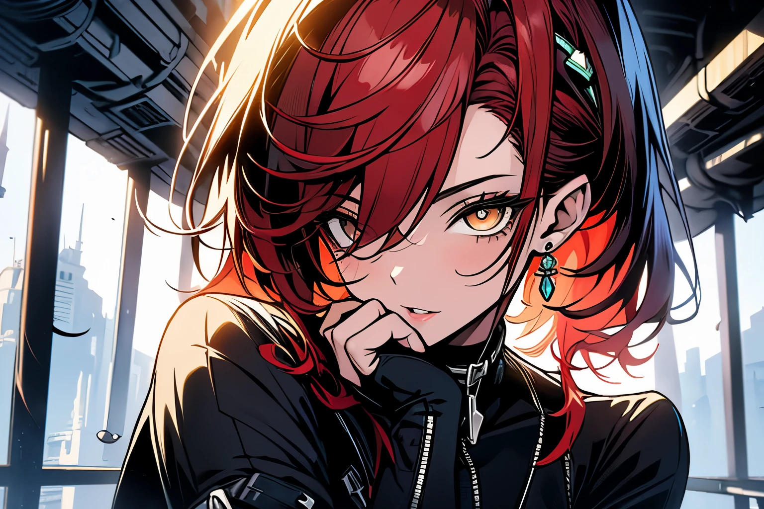 (masterpiece, top quality, best quality, official art, beautiful and aesthetic:1.2), (1girl:1.3), Charmer, Tall, Slim, Oval Face, Olive Skin, Red Hair, jade Eyes, Straight Nose, Pouty Lips, Prominent Chin, Shoulder-Length Hair, Curly Hair, High Messy Bun, round breasts, Dangle earrings, green, sheer lipstick, A woman with a sleek pixie cut and dressed in a futuristic and futuristic outfit, looking at viewer,close-up, limited palette, low contrast,