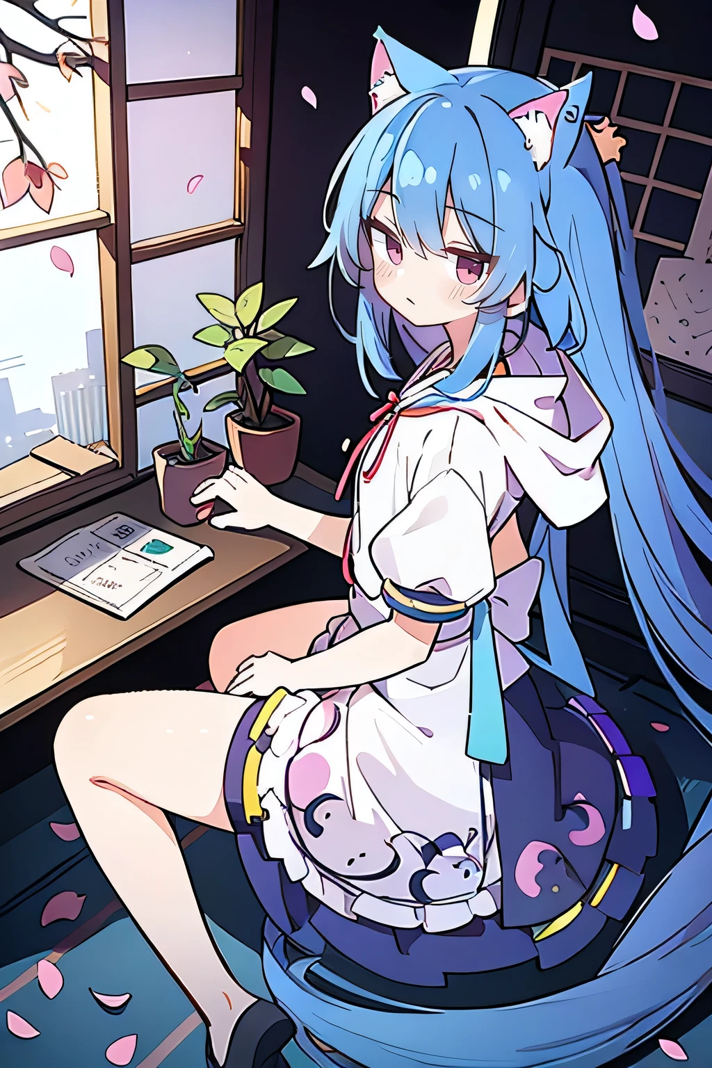 （masterpiece：1.2），Super detailed，lifelike，Expressive eyes，fair skin，perfect face shape，1 girl，
Japanese comics,Gorgeous blue hair,flowing blue hair,flowing clothes,Cat ears,Petals fall,beautiful lola,Baby Angel,
Shaking head with one hand，Cross your legs，Gentle and peaceful background，The pavilion is cool and comfortable,smile, wearing hoodie, background of tokyo,back views.