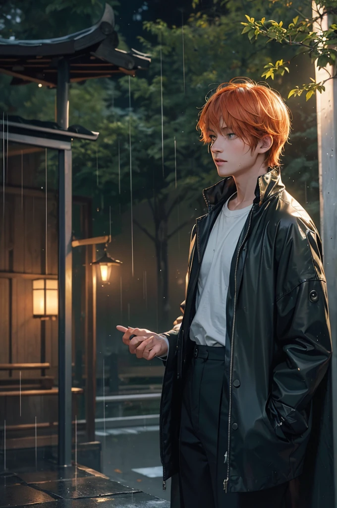 (best quality,4k,8k,highres,masterpiece:1.2), ultra-detailed, (realistic,photorealistic,photo-realistic:1.37), orange-haired boy, green eyes, forest, waiting for the bus, rain, greenery, nature, freckles, modern clothing, evening, dark, moonlit, night, a tranquil moment, wet streets, misty atmosphere, gleaming droplets, vibrant autumn colors, serene expression, reflecting city lights, a hint of mystery, cozy bus stop, damp leaves, quiet anticipation, dampened sound, calm ambiance, crisp air, slight breeze, ethereal glow, twinkling stars, moon shadow, damp earth, subtle rustling, secluded corner, solitary figure, mist-kissed hair, fresh scent of rain, enchanting stillness, remote bus route.