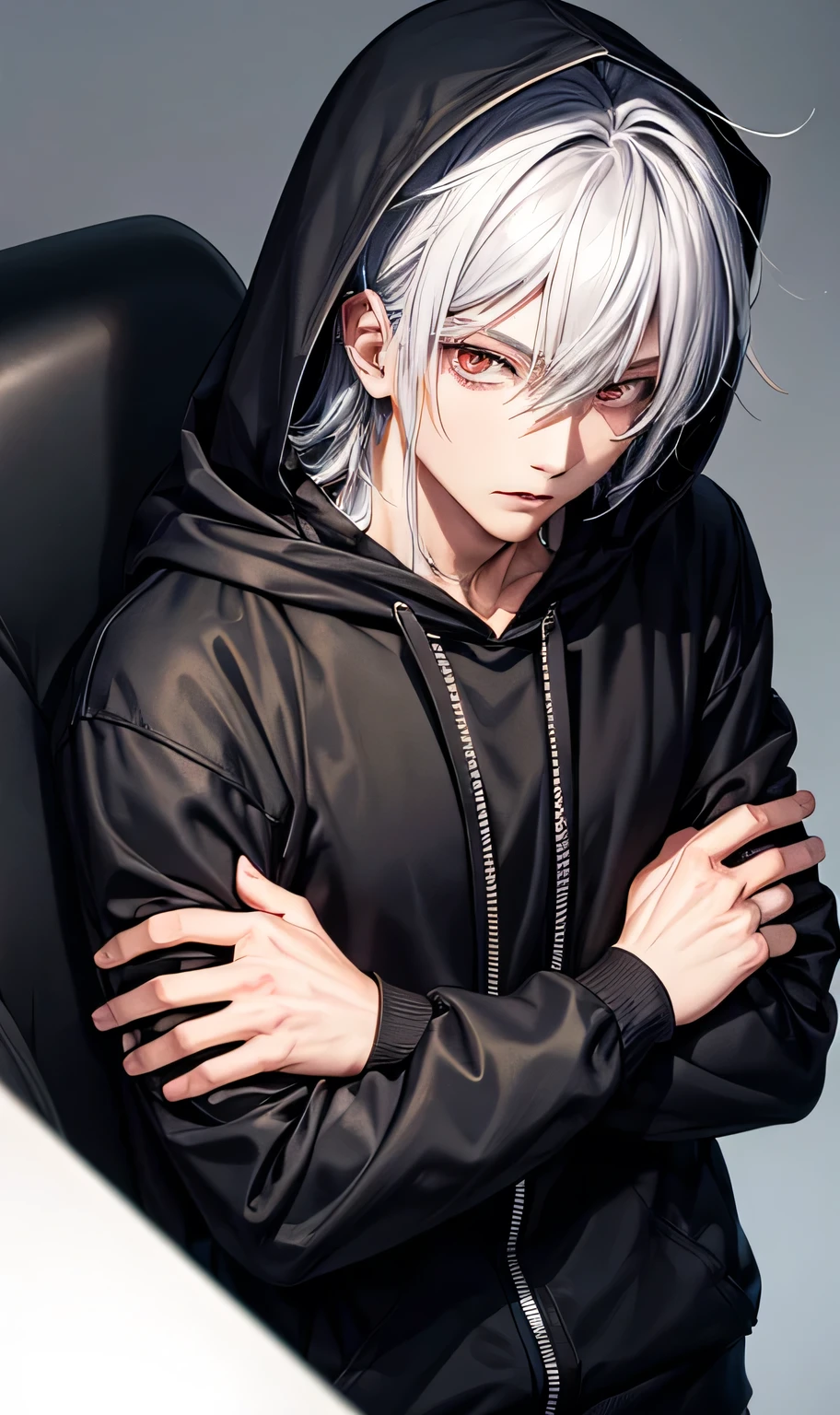 male,Silver Hair,Visual Kei,Handsome,Black hoodie,Wearing a hood