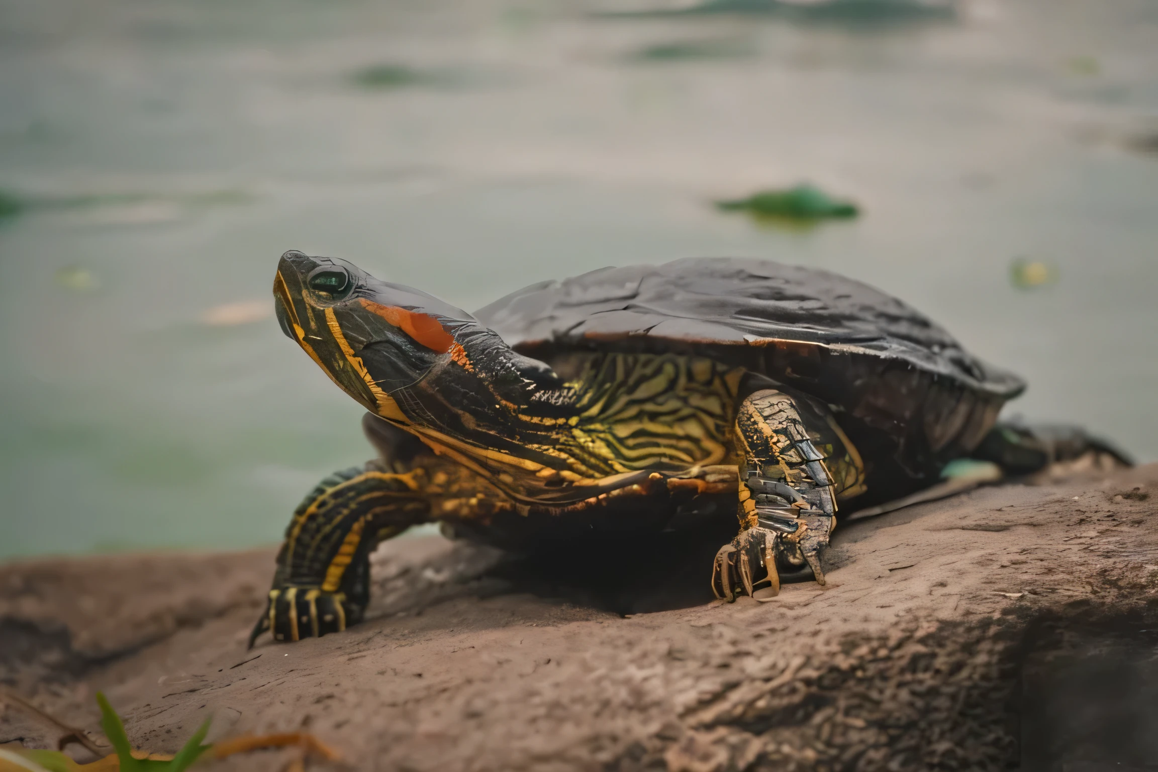 there is a turtle sitting on a rock by the water, 🦩🪐🐞👩🏻🦳, turtle, an anthropomorphic turtle, as an anthropomorphic turtle, aged turtle, turtle shell, turtle, anthropomorphic turtle, half turtle, anthropomorphic turtle hero, the mock turtle, by Mattia Jama