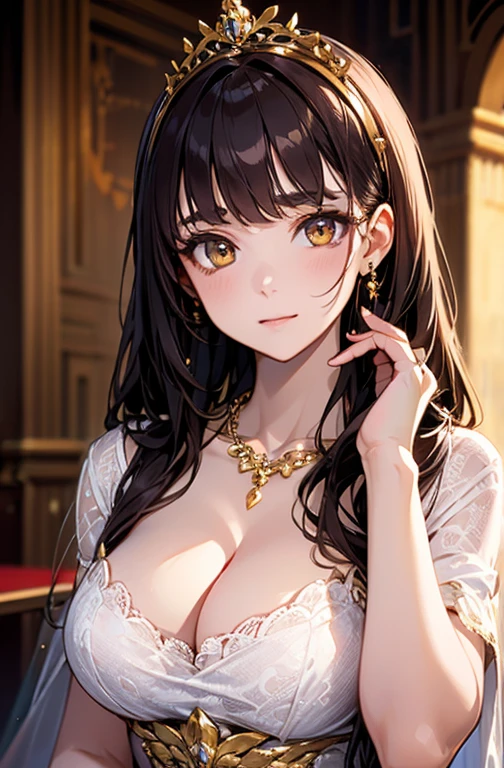 Princess , in castle , detailed hand , high quality, super quality, (detailed face:1.2), beautiful woman , golden eyes, long hair , gorgeous dress, tiara, necklace , earring , sharpe eyebrow , beautiful bangs are covering her eyes , mega   ,
