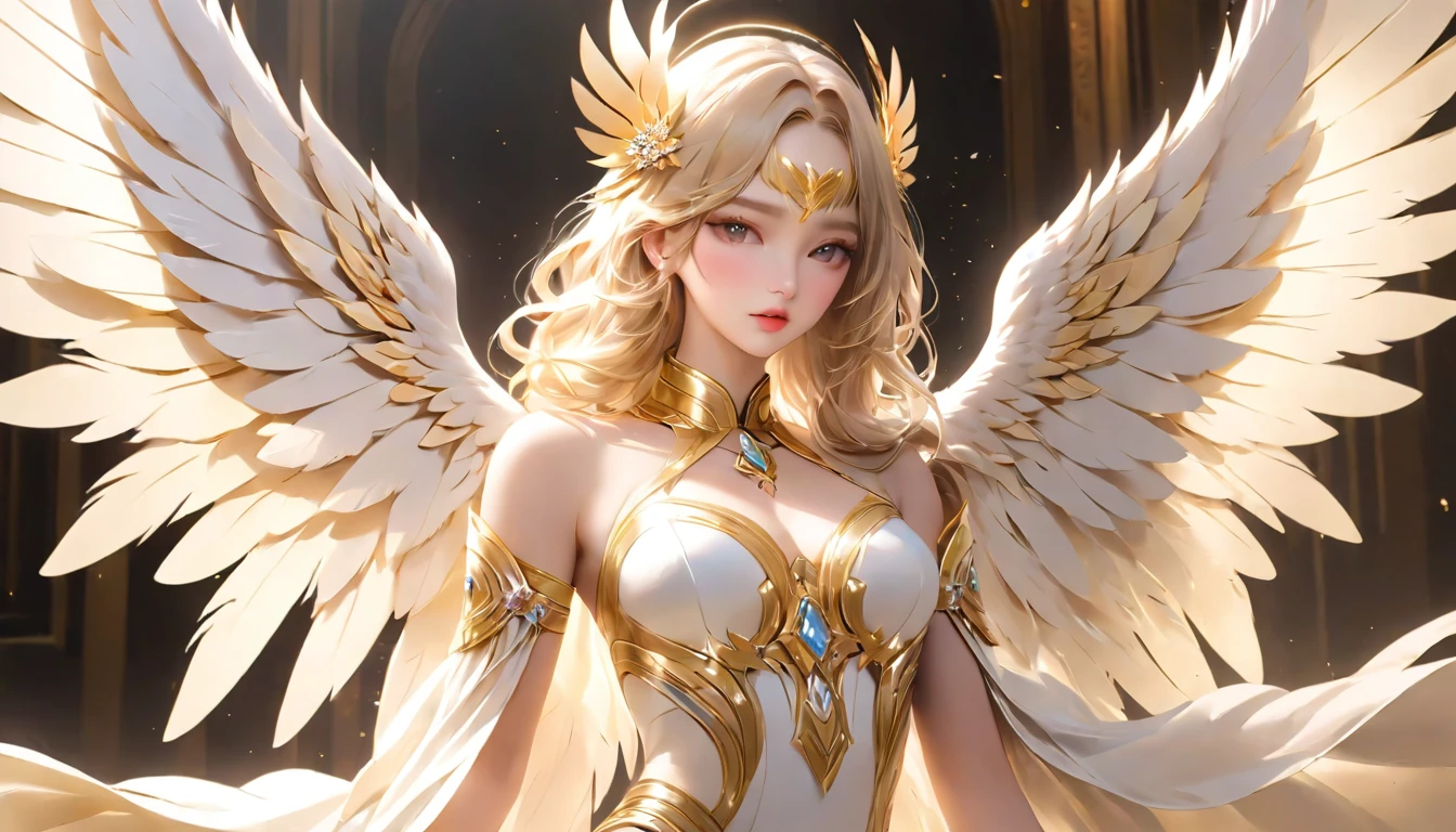 White and Gold, 电影照片whole body女性天使, Her appearance perfectly blends the ancient mystery. Have the face and style of a contemporary supermodel, She exudes a kind of cold and detached beauty, Giant angel feather wings, (masterpiece, best quality, great, Unity&#39;s highly detailed、8k wallpaper, Depth of Field, Super detailed illustrations:1.5)、3D, Extremely detailed, (whole body、Mechanical Elf Girl:1.3), sci-fi battlefield, hawken, Smile, open mouth, Short Ponytail, (white blonde, Deep blue eyes:1.2), Bright Eyes, Cute face, Kawaii, Large Breasts, Fine hair, Messy hair, (((Flying in the sky))、Blue sky, White Cloud), Shiny hair, Glowing skin, (Symmetrical mechanical wing、Metallic colored mechanical wings that are widely expanded to the left and right so that they protrude greatly from the screen, hat, White hair ornaments), (Light Particles, Movie Lighting: 1.3), (Thin pink lips: 0.8), 