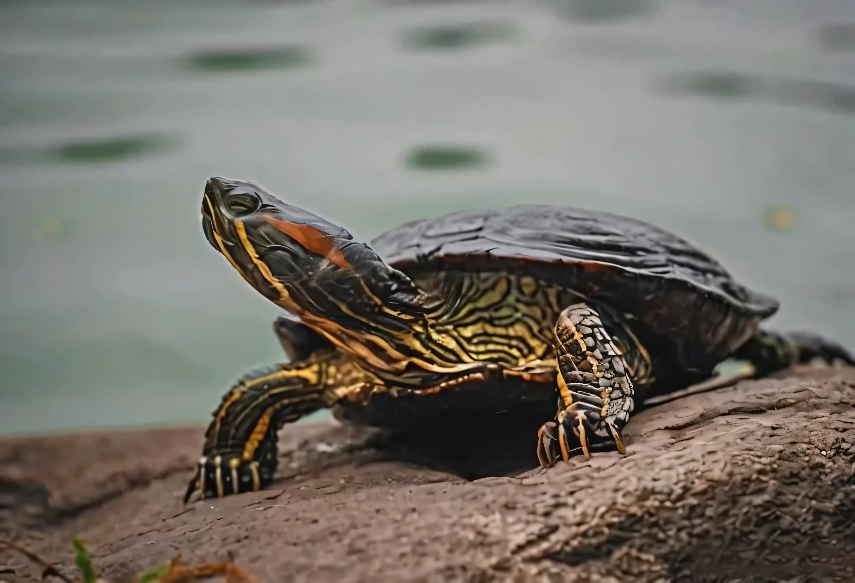 there is a turtle sitting on a rock by the water, 🦩🪐🐞👩🏻🦳, turtle, an anthropomorphic turtle, as an anthropomorphic turtle, aged turtle, turtle shell, turtle, anthropomorphic turtle, half turtle, anthropomorphic turtle hero, the mock turtle, by Mattia Jama