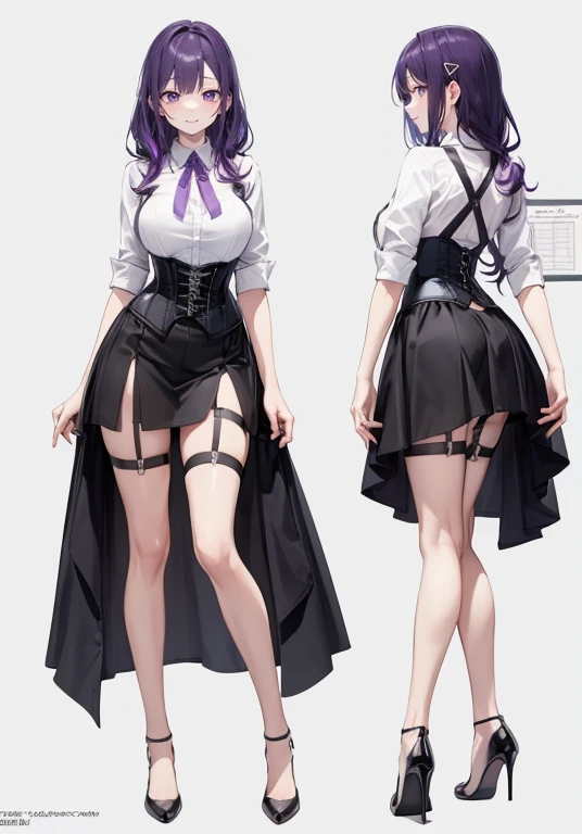 Purple hair,Long hair,Adult female,Bartender,((Body harness)),((Rolling up your sleeves shirt)),(Corset),(Tight skirt),Garter belt,High heels,((Simple background)),Smile,((Full body)),((whole body)),Character Sheet,