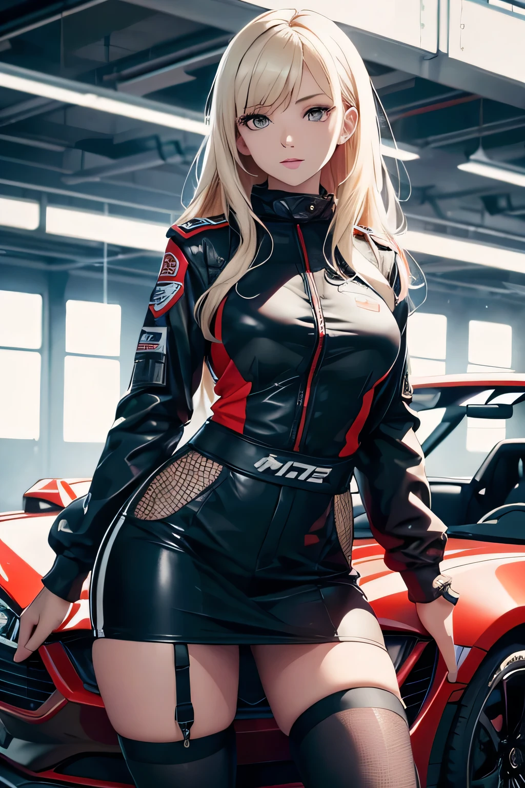 ultra HD, haute  resolution, verry detailed picture ,sexy pilot outfit, sexy skirt and top, the girl is standing near a Ford mustang gt, race car, race circuit, beautiful car, realistic car, seductive anime girl, best rated on pixiv, beautiful lightening, , lights effects, many colors, HD, full details, high quality, verry large view, full view of the car, 1car with full details 