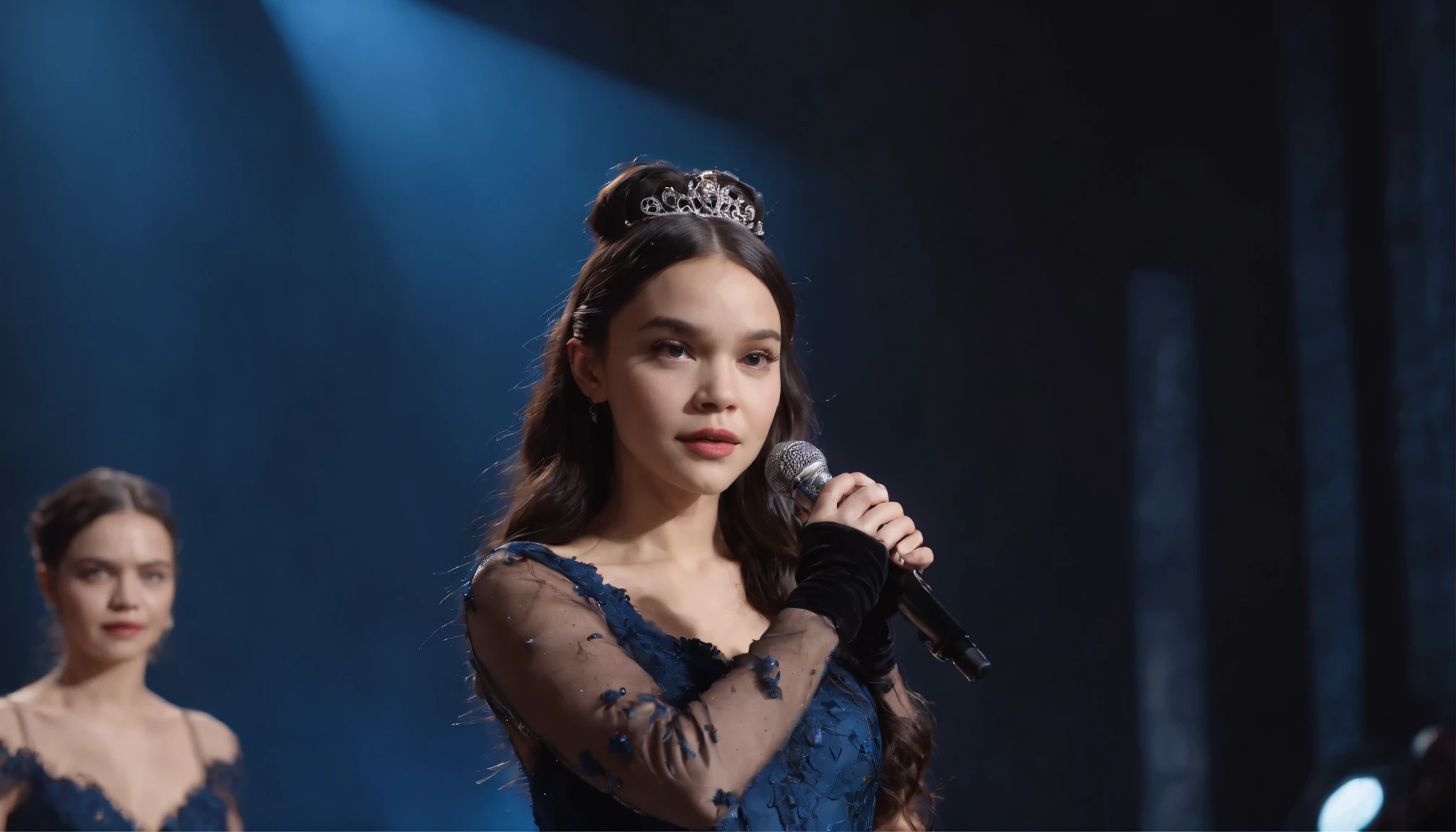 Olivia Rodrigo with wavy long black hair with clips on wearing black and blue lace dress rhinestones and bows with black long gloves on stage holding a microphone , highly detailed realistic