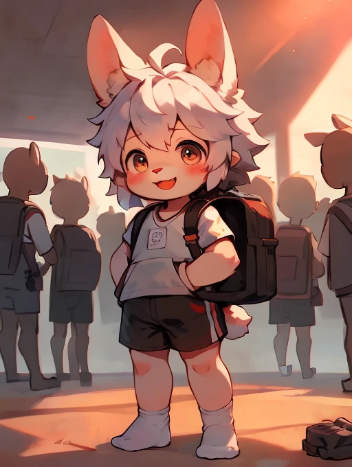 Shota,rabbit,hair ,Men,Q version,(Toddler,baby), cute, Stand up, Masterpiece, high resolution,8k,Detailed background,high quality,Sexual desire boy,(((solo))),(Shoulder backpack,White clothes,White Socks:0.6),Looking at the audience,Viewing angle,from above,Like a dream,Yangguan,Sports equipment,(Warm light source:1.2),,At the gym,Happy expression,shorts